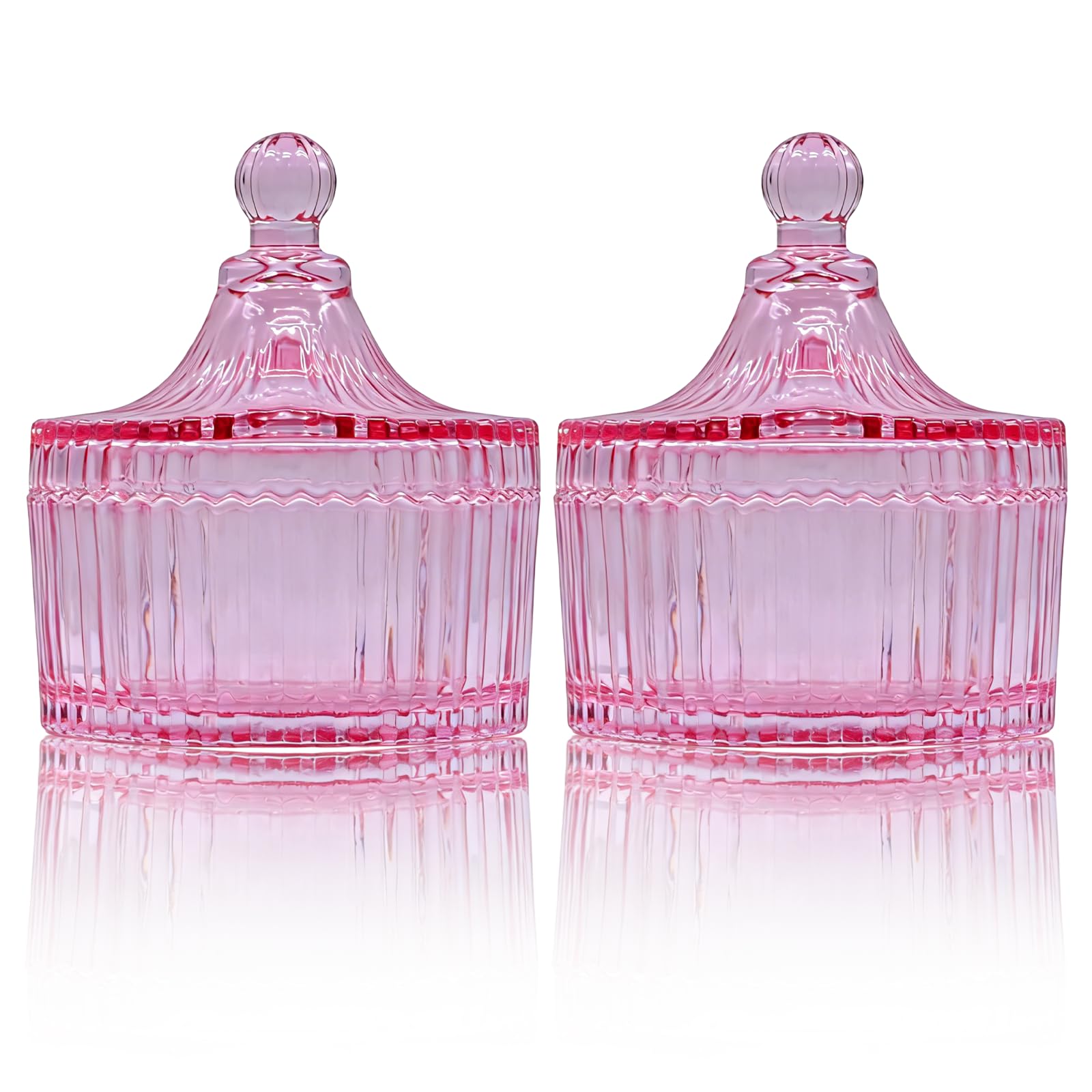 Toolzia 2 Pcs Glass Sugar Jars with Lids, 300ml Lead-Free Crystal, Tent-Shaped Apothecary Jars for Sweets, Jewellery, Snacks（Pink）