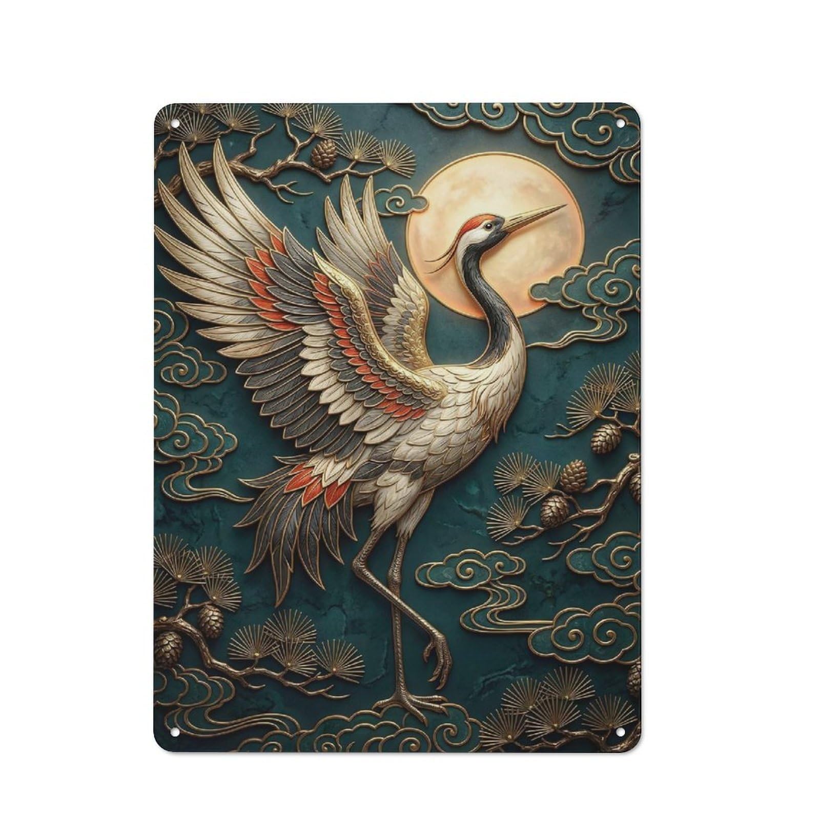 Junmoney Style Retro- Tin Sign 40X30cm Featuring Elegant Crane With Moon And Clouds For Hallway Wall, For Garage, Workshop And Man Cave Decoration