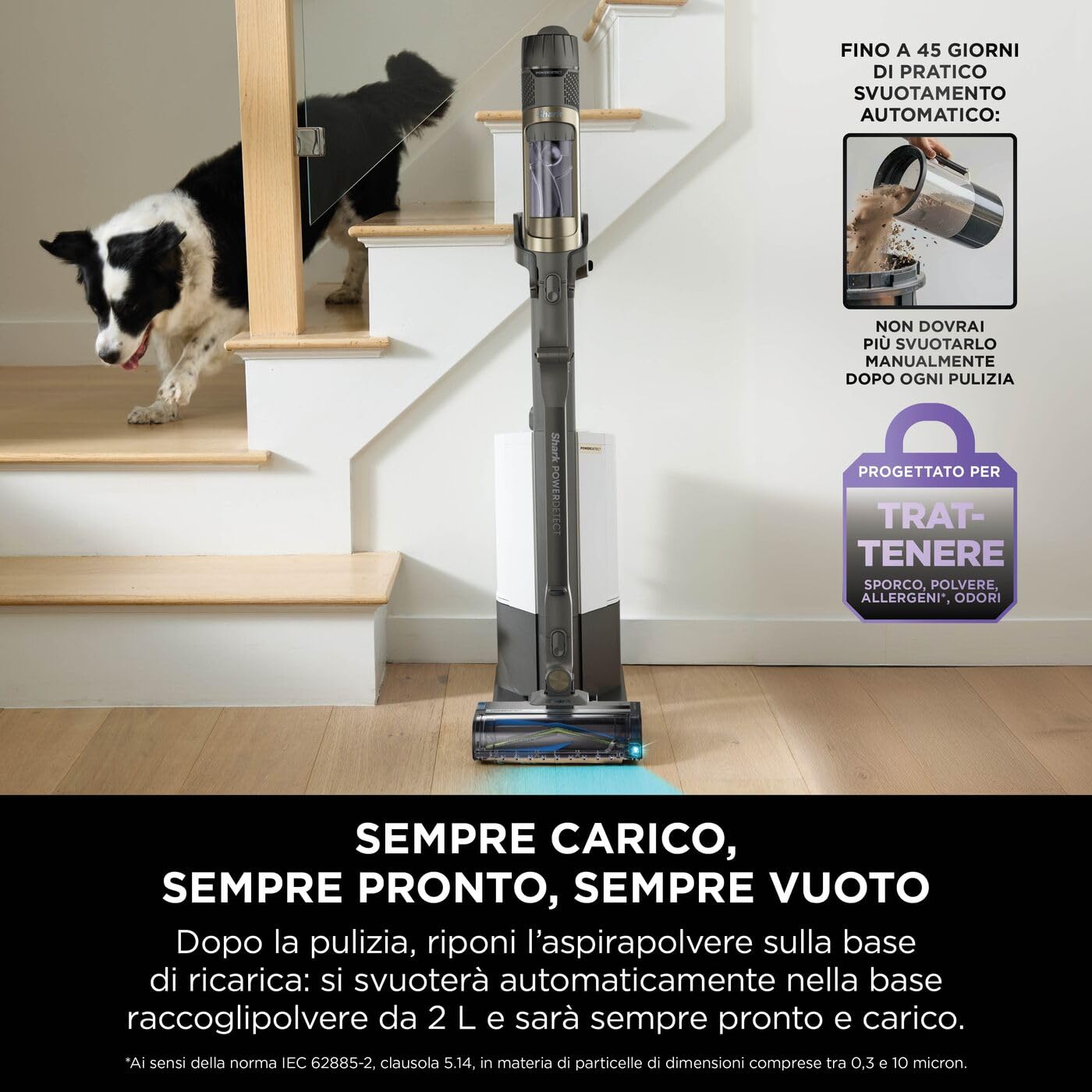 Shark PowerDetect Clean & Empty aspirapolvere senza fili, PowerFins, Reverse Clean, stazione 2L, Anti-Hair Wrap Plus, 70 min, leggera, per peli animali e superfici varie, Grigio IP3225EUT