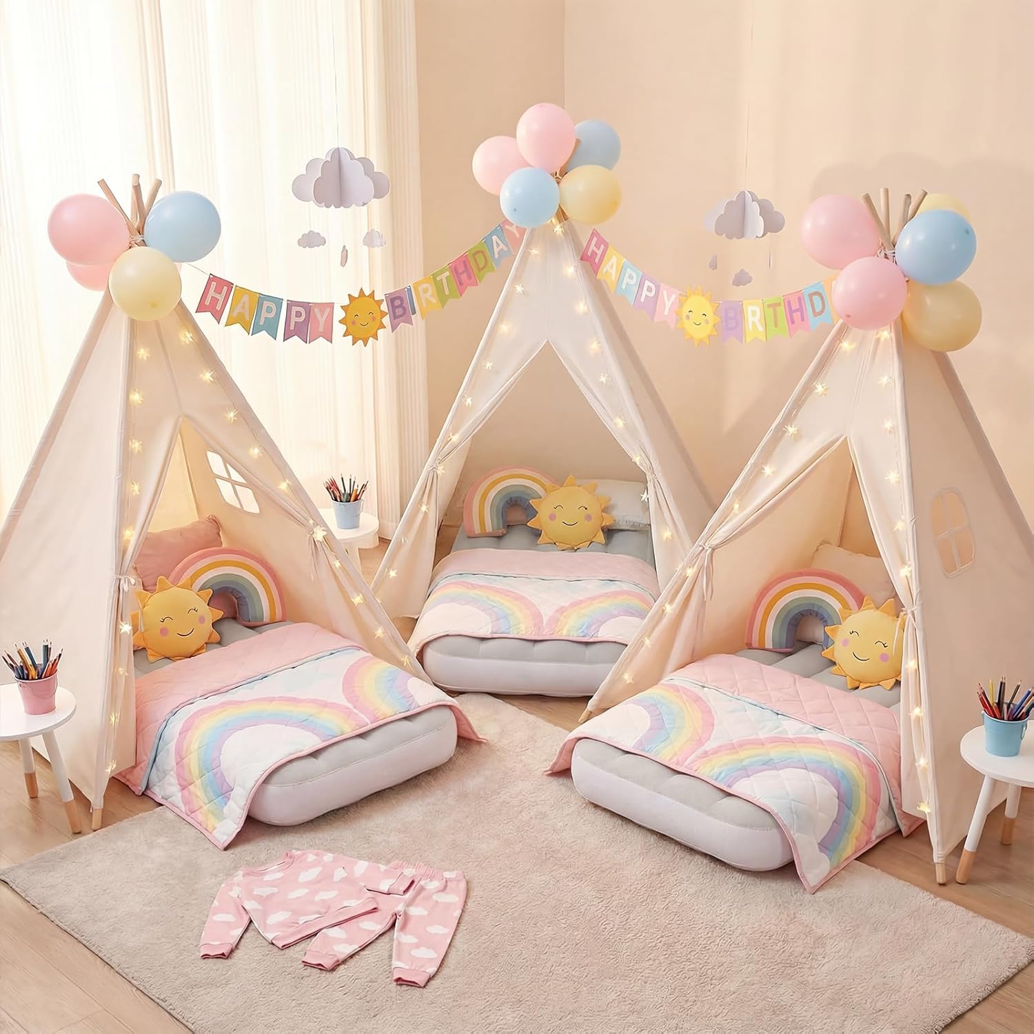 wilwolfer 6 Pack Kids Teepee Tent Bulk with Inflatable Airbed & Light, Natural Toddler Play Tent for Girls Boys Indoor Sleepover Slumber Party Birthday Gifts