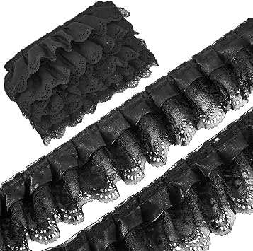 GORGECRAFT 10 Yards 3 Layer Pleated Chiffon Flower Lace Trim 65mm Wide Gathered Mesh Organza Edge Ribbon Fabric Ruffles Edging Trimmings Embroidered for Sewing DIY Crafts Wedding Dress Decor Black