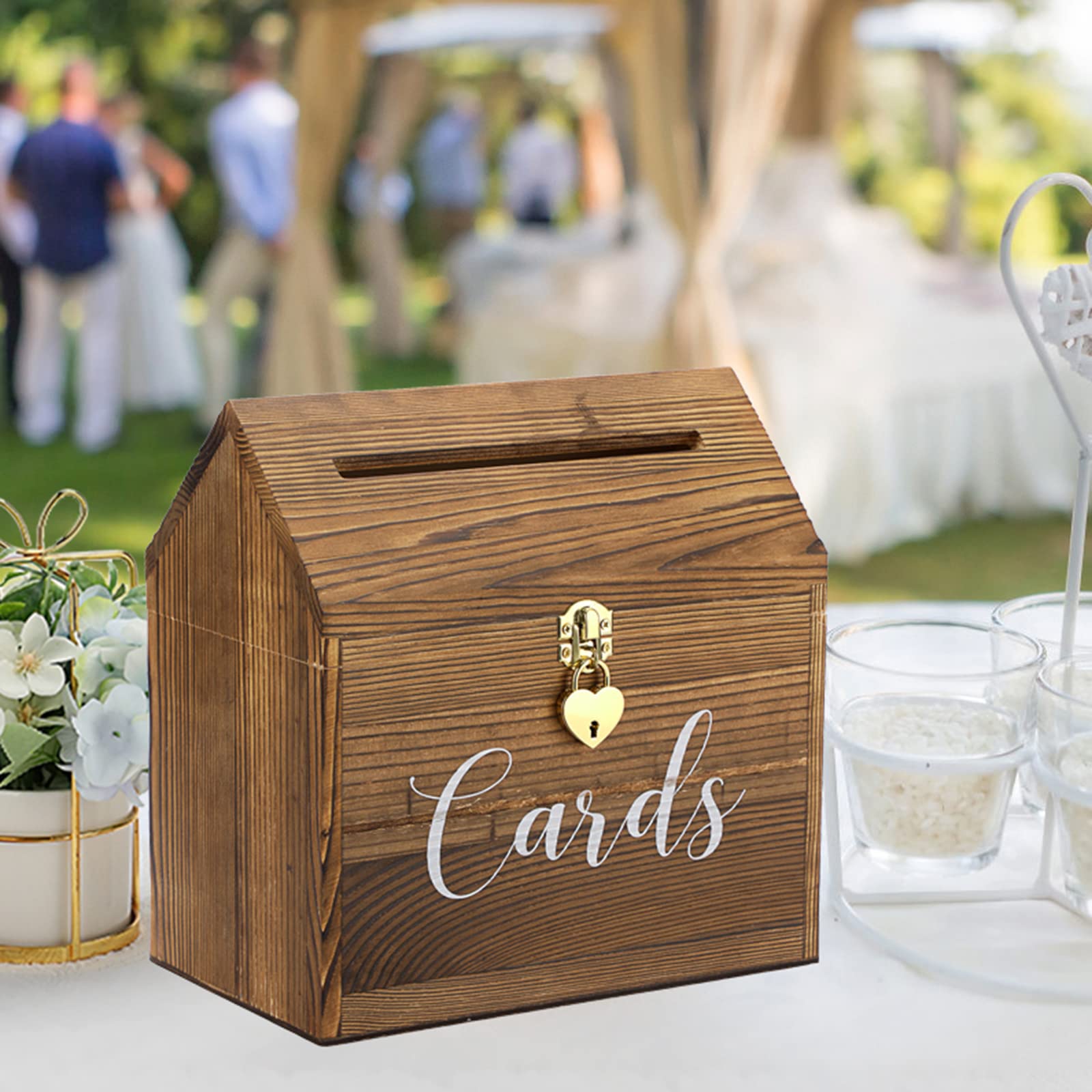 SUMNACON Vintage 25CM Holz Kartenbox mit Deckel Liebeschloss Hochzeit Kartenbox-Box für Jubiläum Weichnachten Hochzeit Geburtstag Baby-Shower Party Geschenkkarten Briefbox(Weiss,Braun)