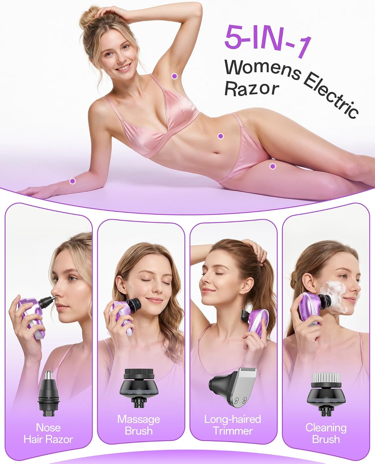 5-in-1 Electric Razors for Women, 7D Electric Shavers for Womens Full Body Legs, IPX7 Waterproof Wet Dry Travel Bikini Trimmers for Lady Face Bikini Arms Underarms