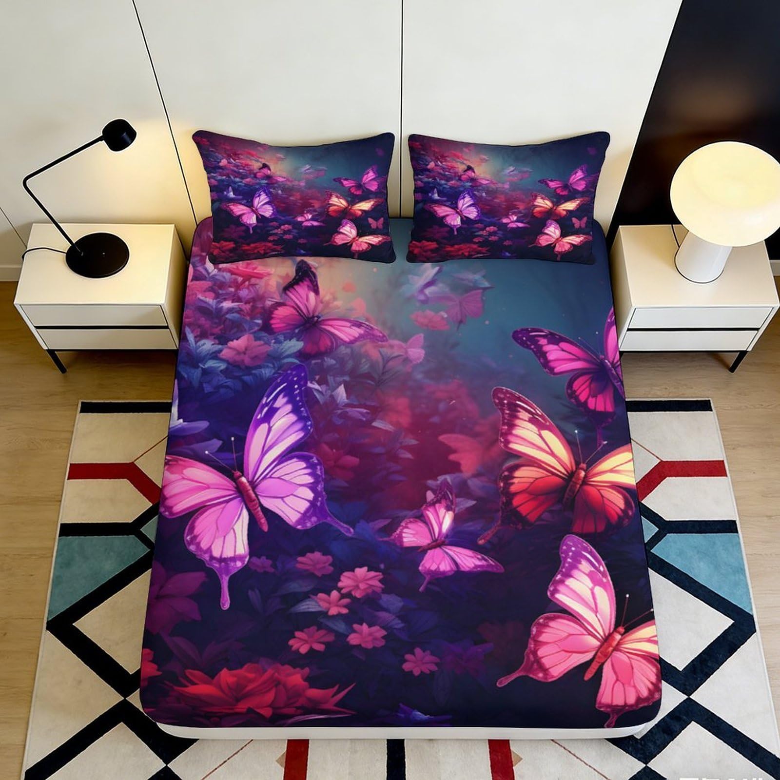 3D Printed Purple Butterfly Fitted Sheet Microfiber Soft Breathable Floral Bed Cover for Bedroom Dormitory Guest Room Mattress Protection 160x200x25cm