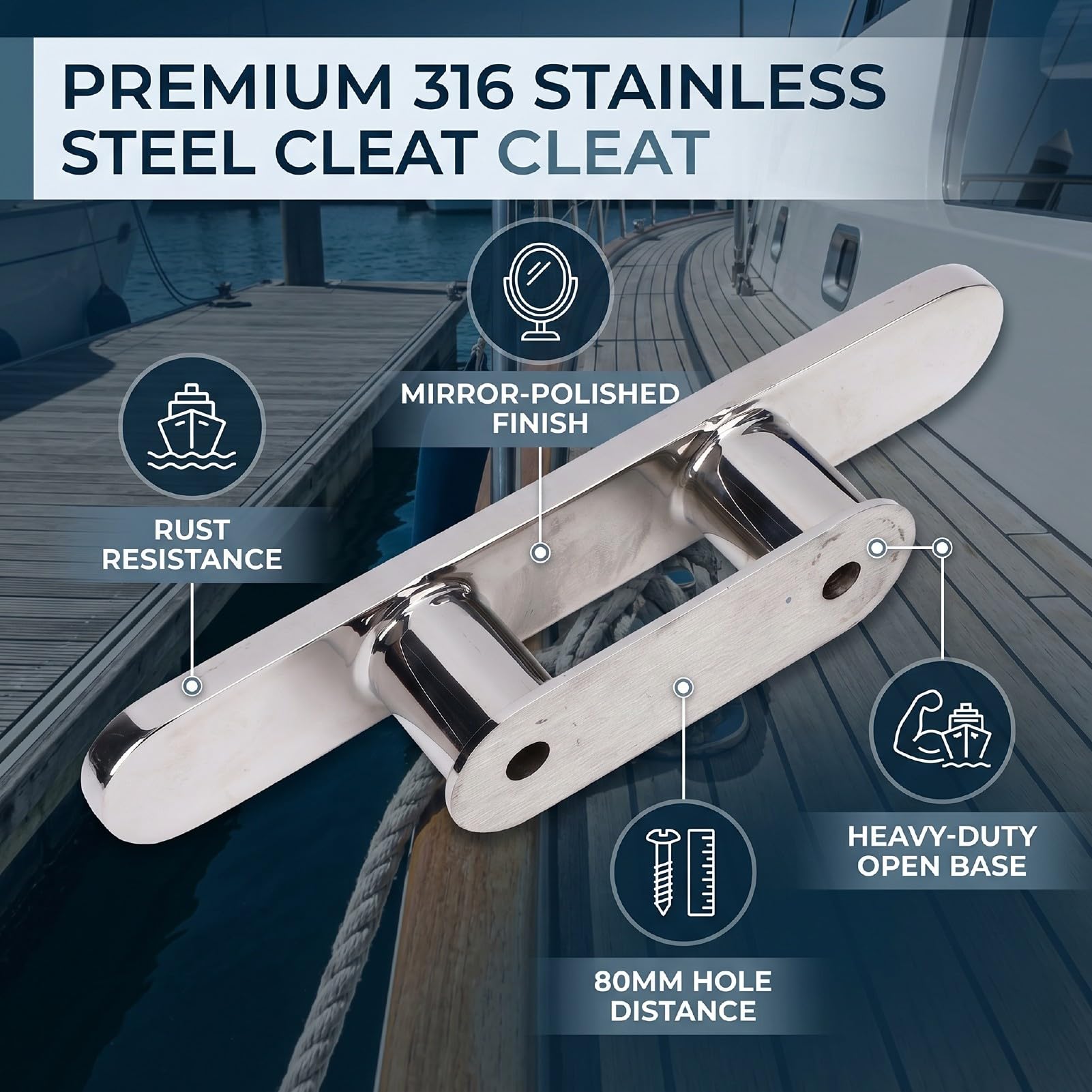 aqxreight 10-Zoll-Bootsklampe, Dockklampe mit Offener Basis, Edelstahl 316, 2 Stück, Robuste Marine-Klampe, Polierte Oberfläche, 240 Mm Länge, für das Anlegen von Yachtschiffen an Decksdocks