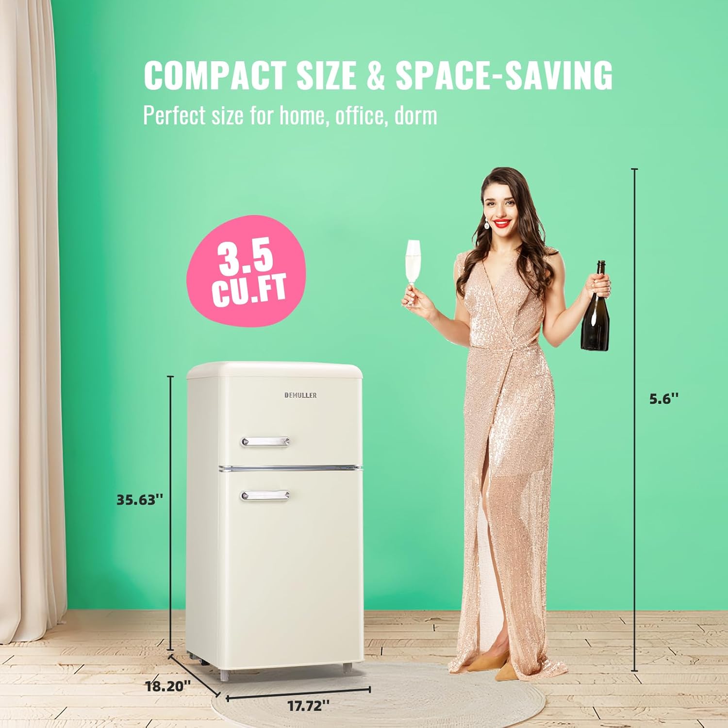 3.5 Cu.ft Retro Mini Fridge with Freezer Dual Doors & Handles Compact Refrigerator with 7 Thermostat Control Freestanding Small Fridge with LED Light Cream