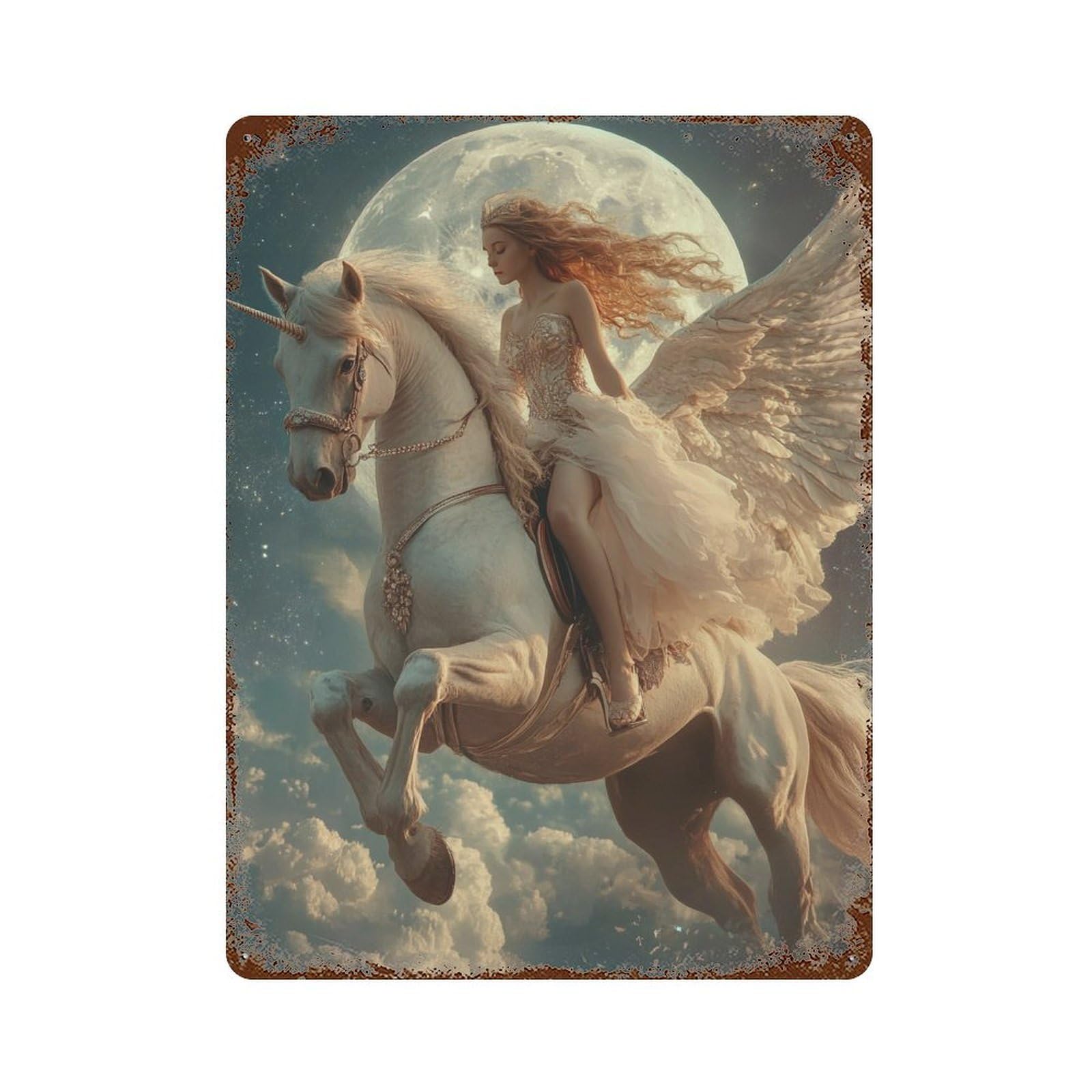 Fantasy Unicorn Ride Moonlit Sky -2 Weathered Tin Sign 15.7"x11.8", for Patio, Garden Room And Bar Decor, Farmhouse Wall Decor