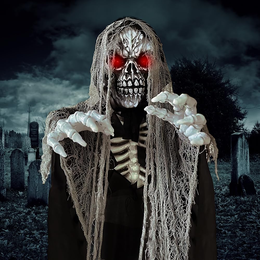 48" Halloween Animatronics Hanging Grim Reapers Decorations with Sound Activated, Skeleton Ghosts for Outdoor Decorations, Hanging Man with Light up Chest and Face, Yard Lawn Decor