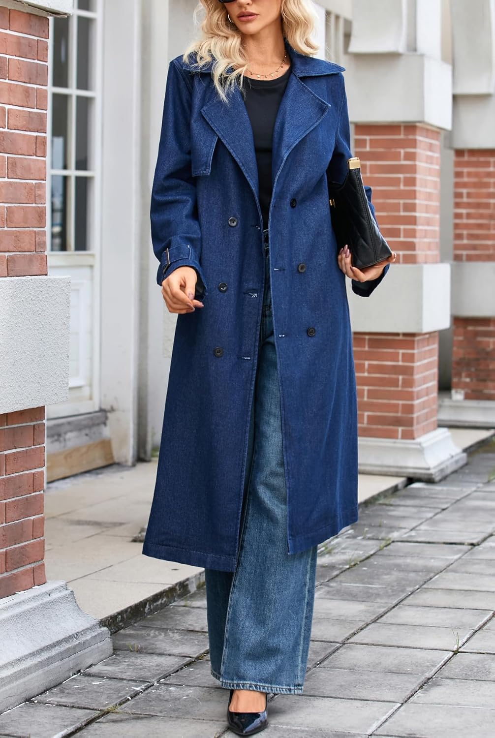 Ladyful Long Denim Jacket Trench Coat Double Breasted Lapel Jean Jacket Oversized Windproof Overcoat - Image 4
