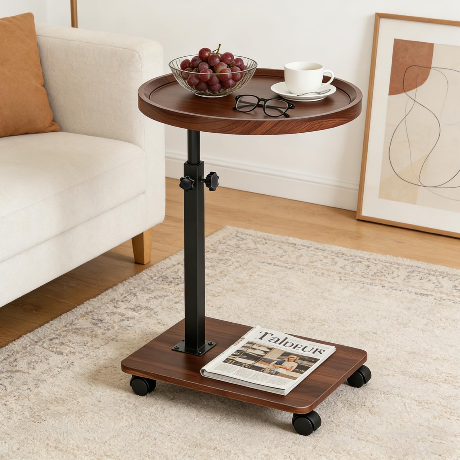 Mesa Auxiliar con Ruedas en Forma de C – Altura Regulable 45-80 cm y Girable 360° – Mesita para Sofá y Cama – Ideal para Salón, Dormitorio y Balcón