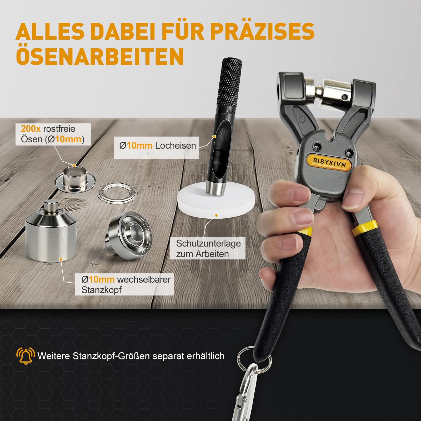 Pince à œillets professionnelle pour bâches et tissus avec 200 œillets - Kit d'œillets avec tête de perforation magnétique et insert interchangeable de 10 mm - Presse à œillets pour cuir