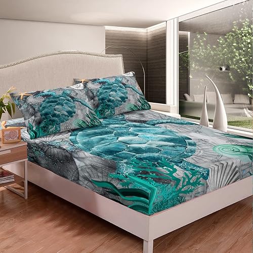 Miniatura 2 de Juego de sábanas de tortuga marina para niños y adolescentes, ultra suaves con bolsillo profundo, juego de ropa de cama con temática náutica, verde