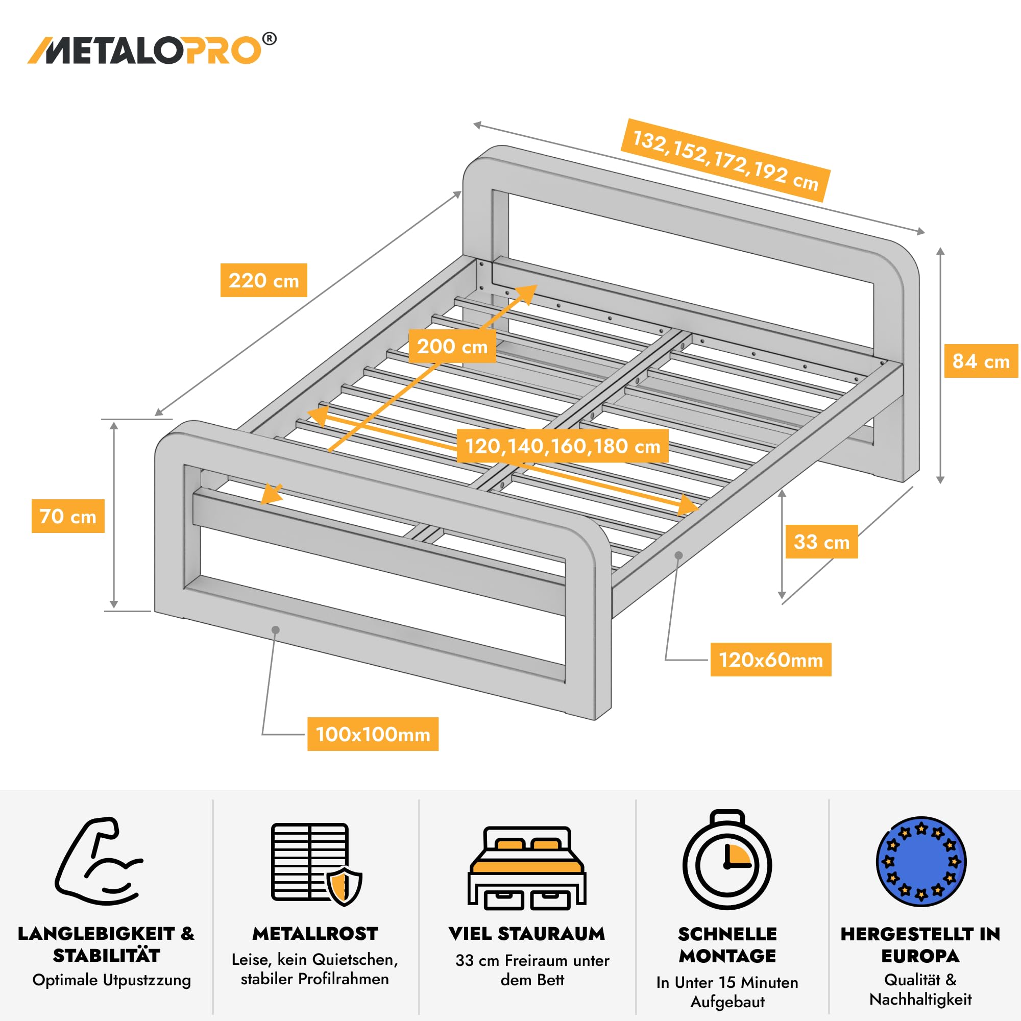 Massives Bettgestell – Metall Bettrahmen bis 1000 kg belastbar, Robuster Metallrost ohne Quietschen, Viel Stauraum, Schnelle Montage <15 Min, Modernes Design - 140x200 cm