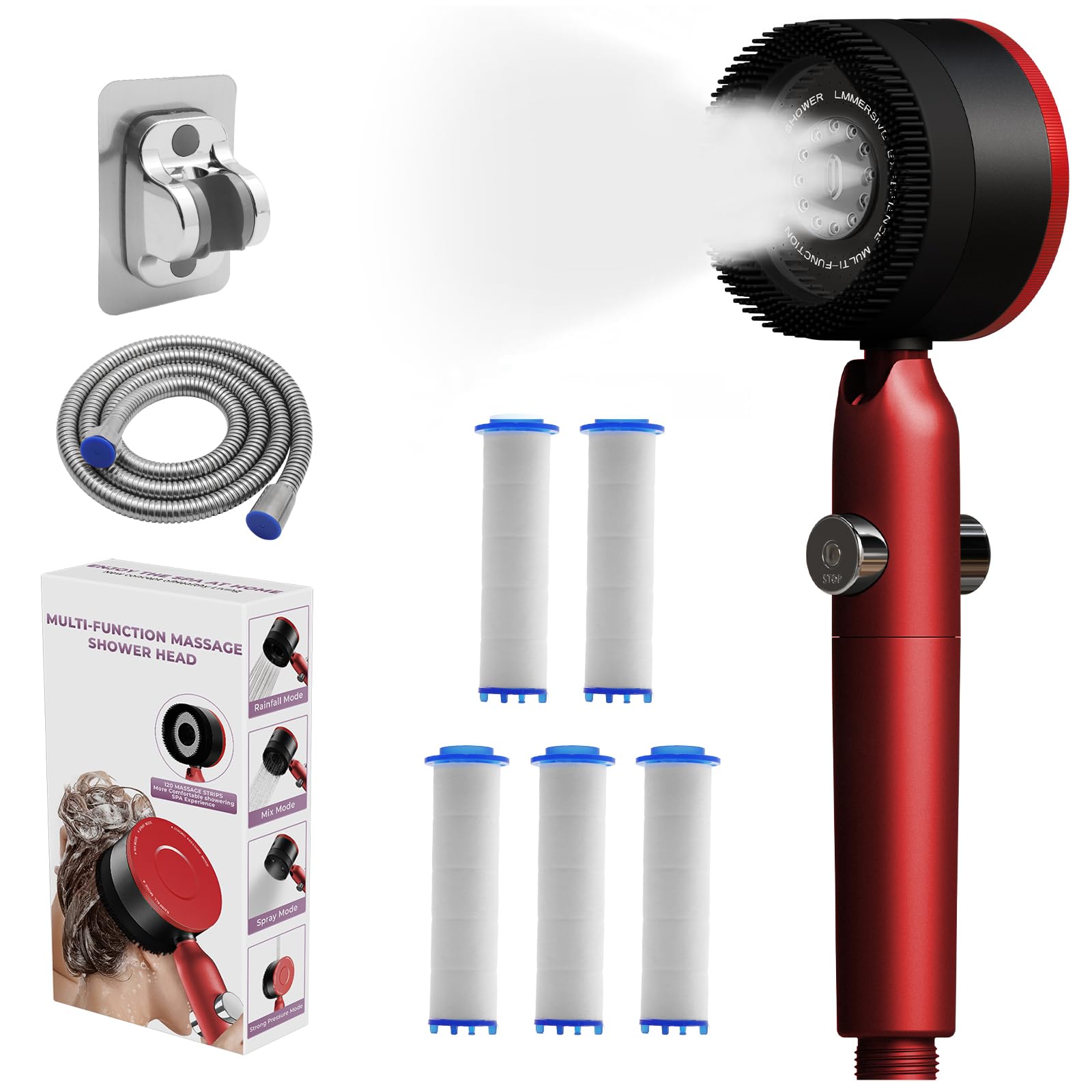 High Pressure Shower Head with Filter๏ผ Hard Water Shower Head and Hose with 4 Spray Modes,Power Handheld Massage Shower Heads with Pause Switch, Filtered Showerhead for Chlorine Remove, Red