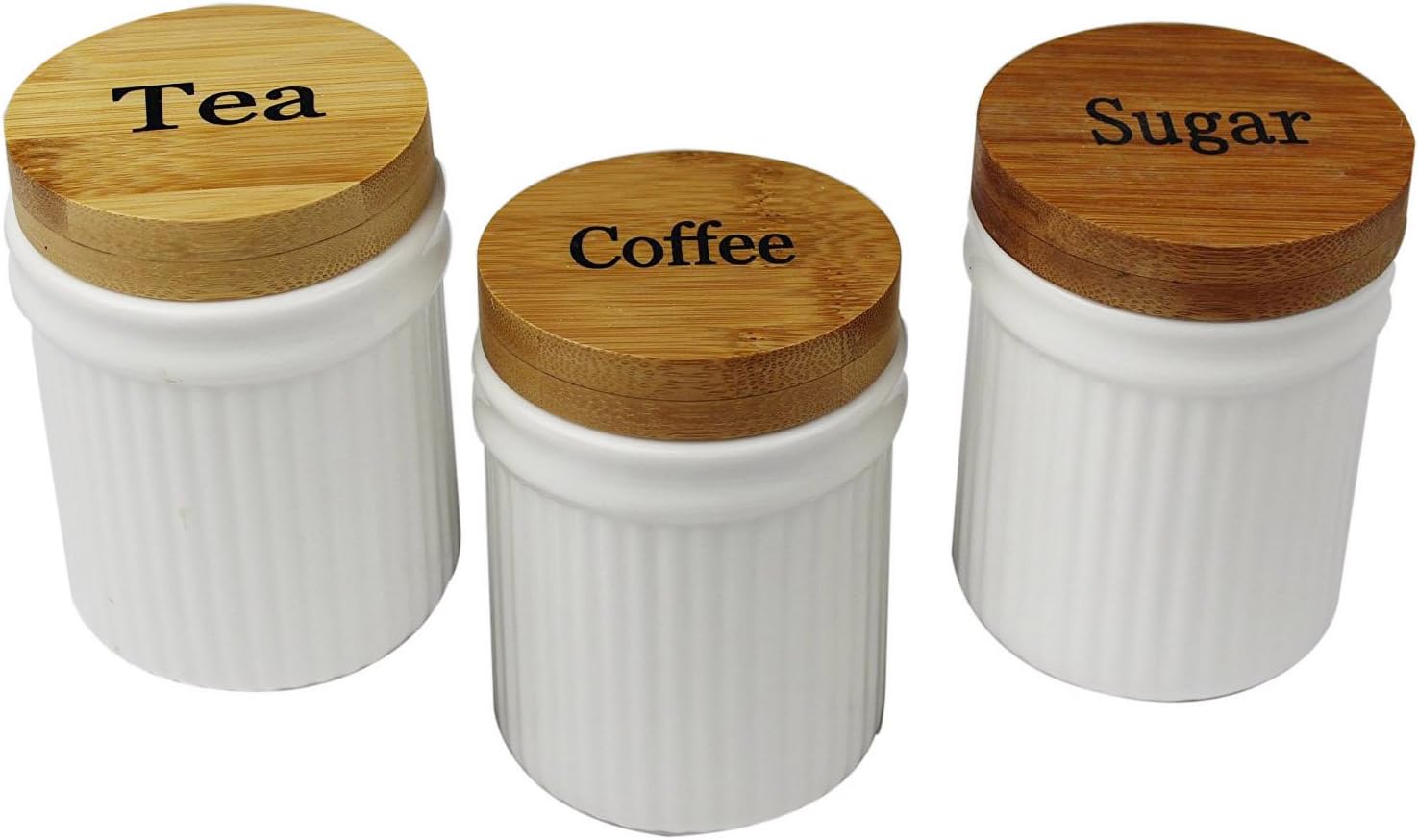 Cream Tea Coffee Sugar Jars Round Ribbed Shape Ceramic Canisters With Bamboo Lids