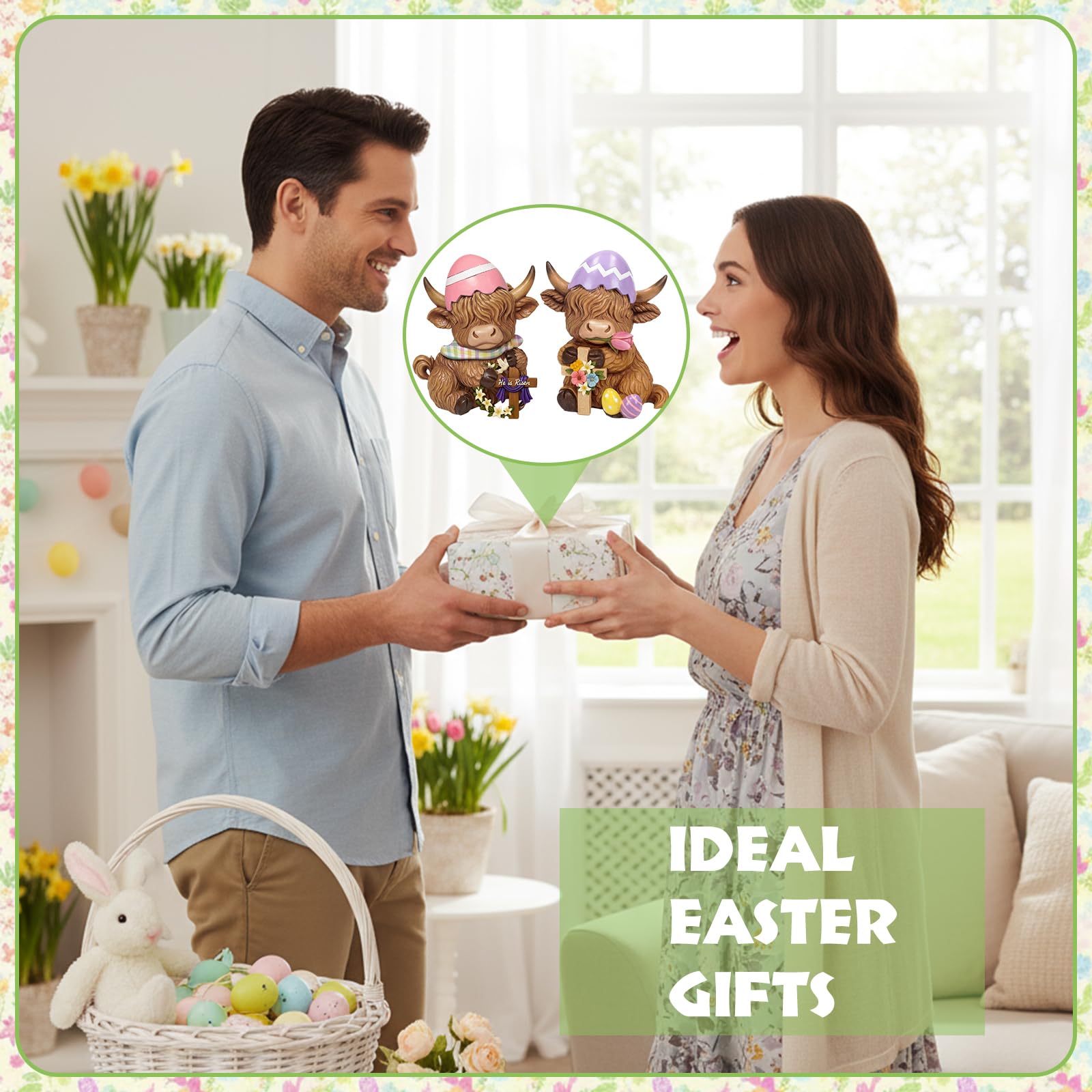 Simgoing Confezione da 2 statuette di mucca pasquale delle Highland primaverili con uova di Pasqua croce floreale per decorazioni da tavola per amanti dei vitelli, regali per la casa, centrotavola