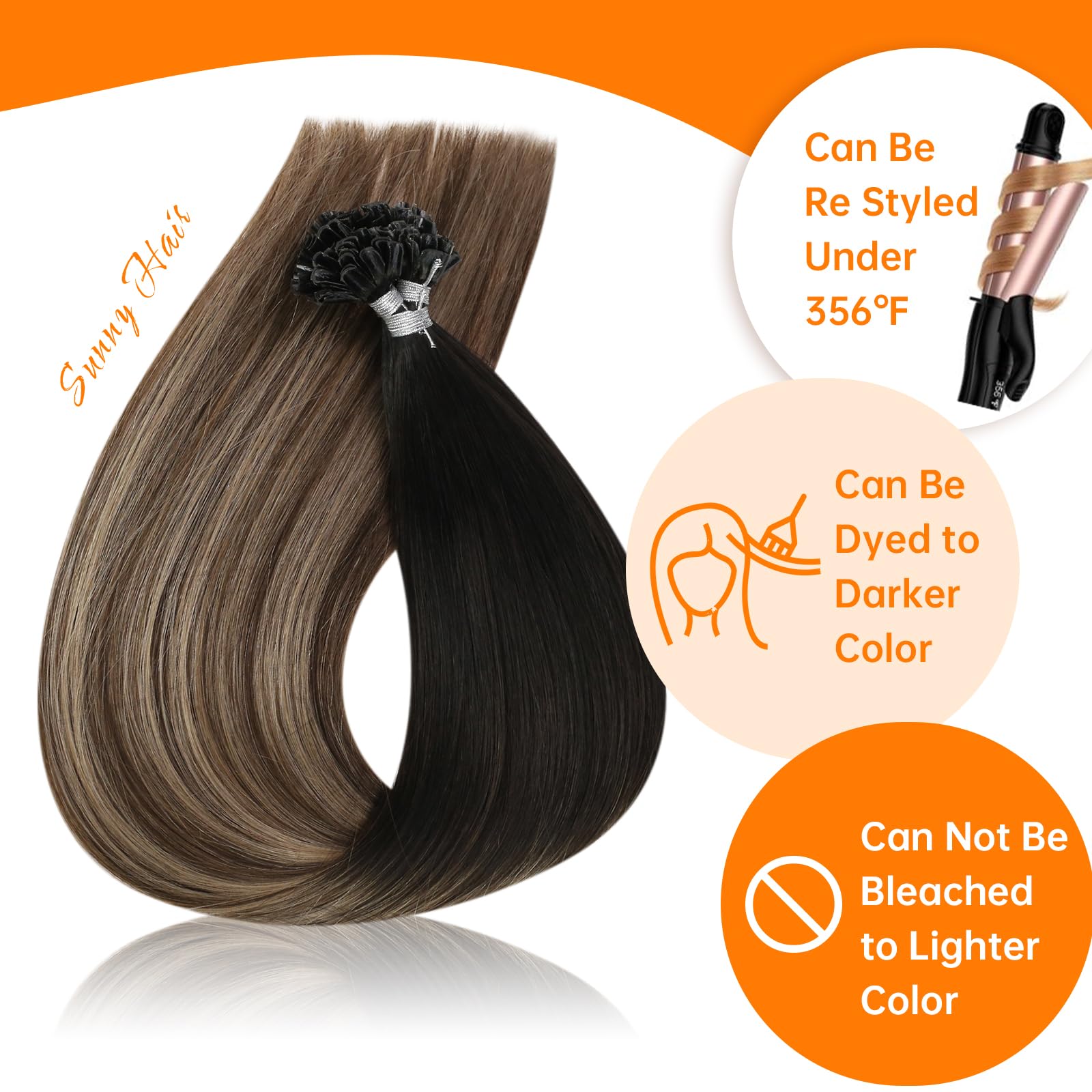Sunny U/Nail Tip Przedłużanie Włosów Keratyna Natural Black #1B do Ciemnego Brązu #4 z Blond Ciemny Popiół #18 Przedłużanie Keratyna Włosy 18Cal/45cm 50g