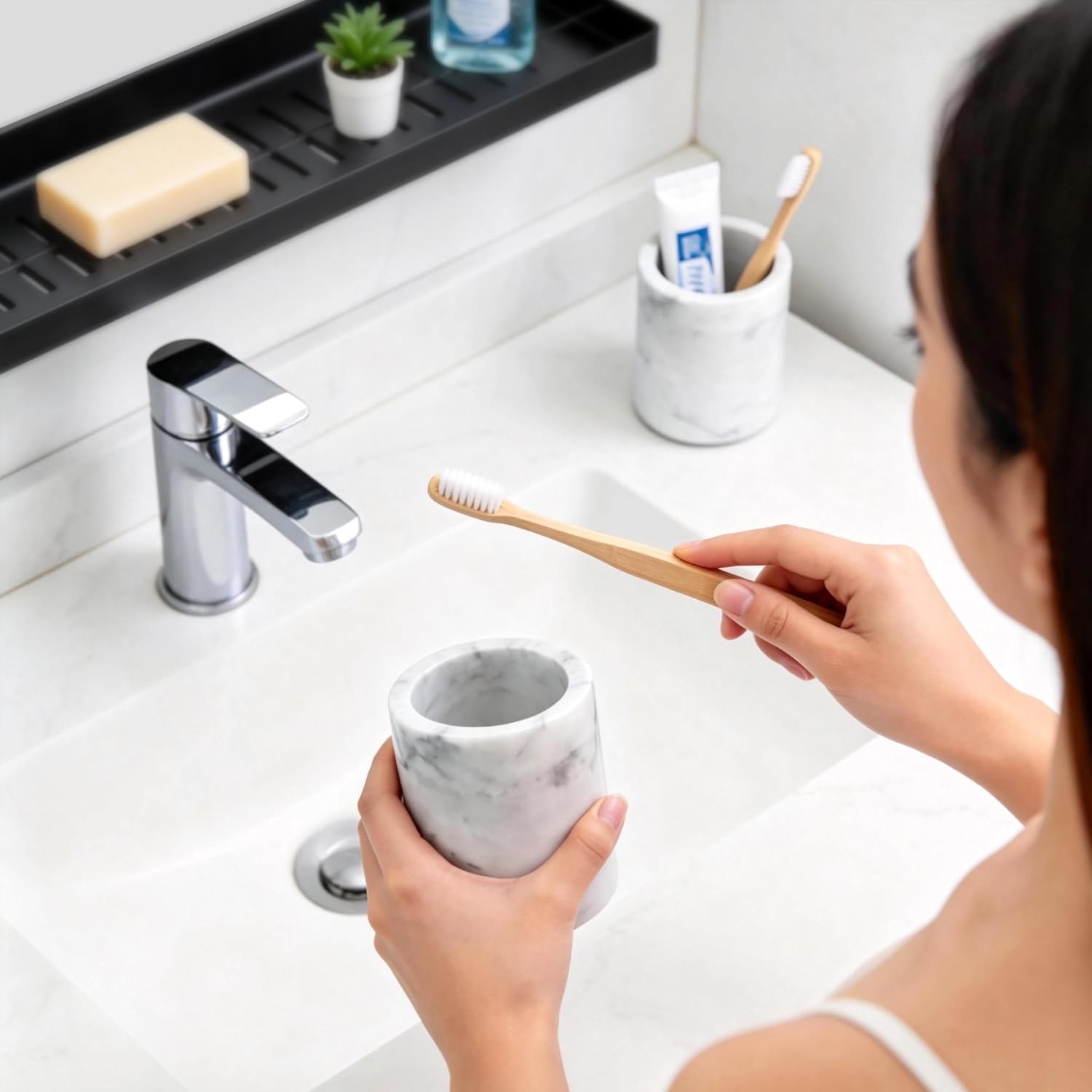 2 Pack Marble Toothbrush Holder, Heavyweight Tooth Brush Holder for Bathroom with Anti-Slip Mat, Toothbrush and Toothpaste Organizer for Countertop Vanity, Gray-White