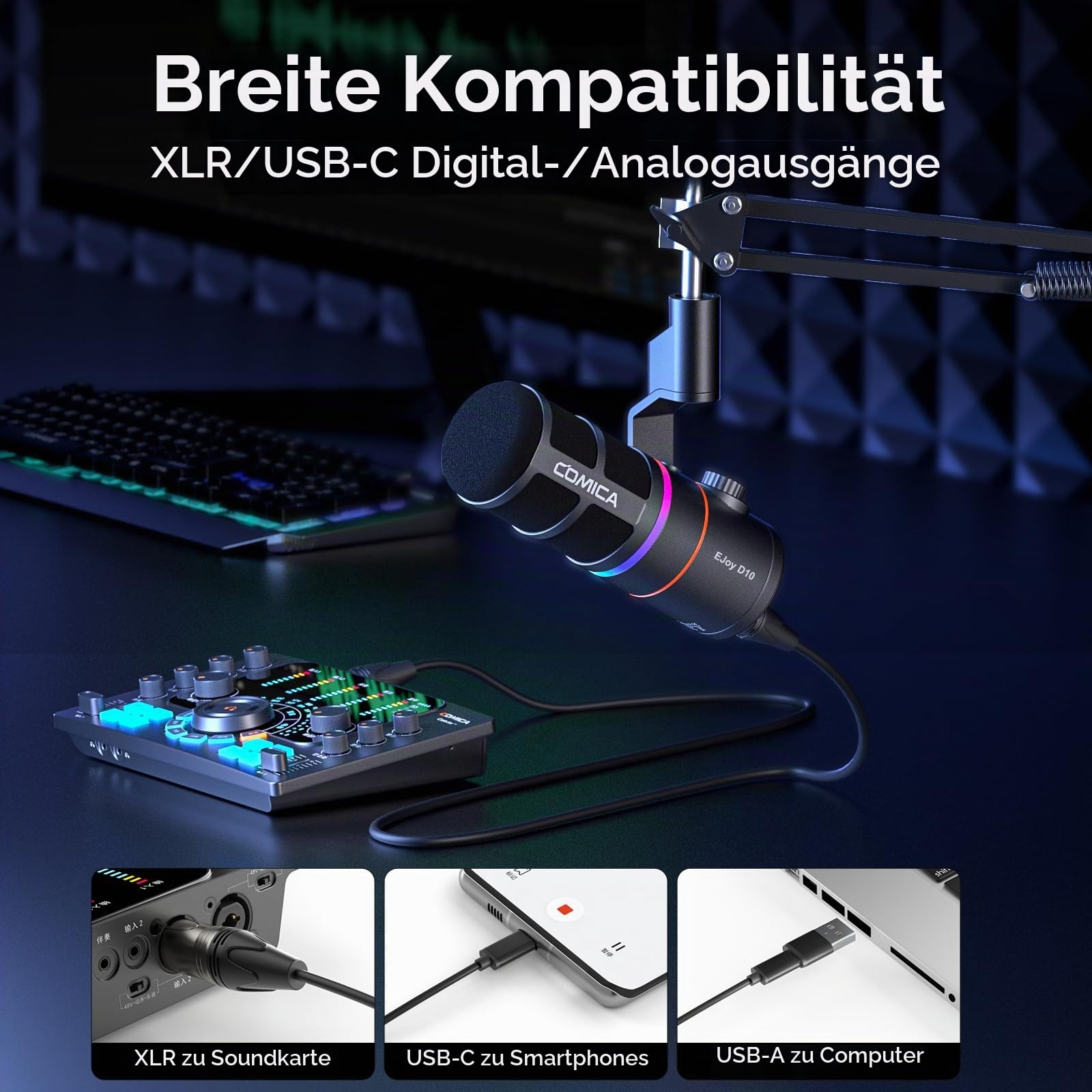 COMICA EJoy D10(A) Dynamisches Gaming Mikrofon mit Arm (Schwarz) | XLR/USB-C Dual Output, Calmix Noise Cancellation, RGB Beleuchtung & Mikrofonarm für Podcast Streaming Studio, für MAC PS4 PS5
