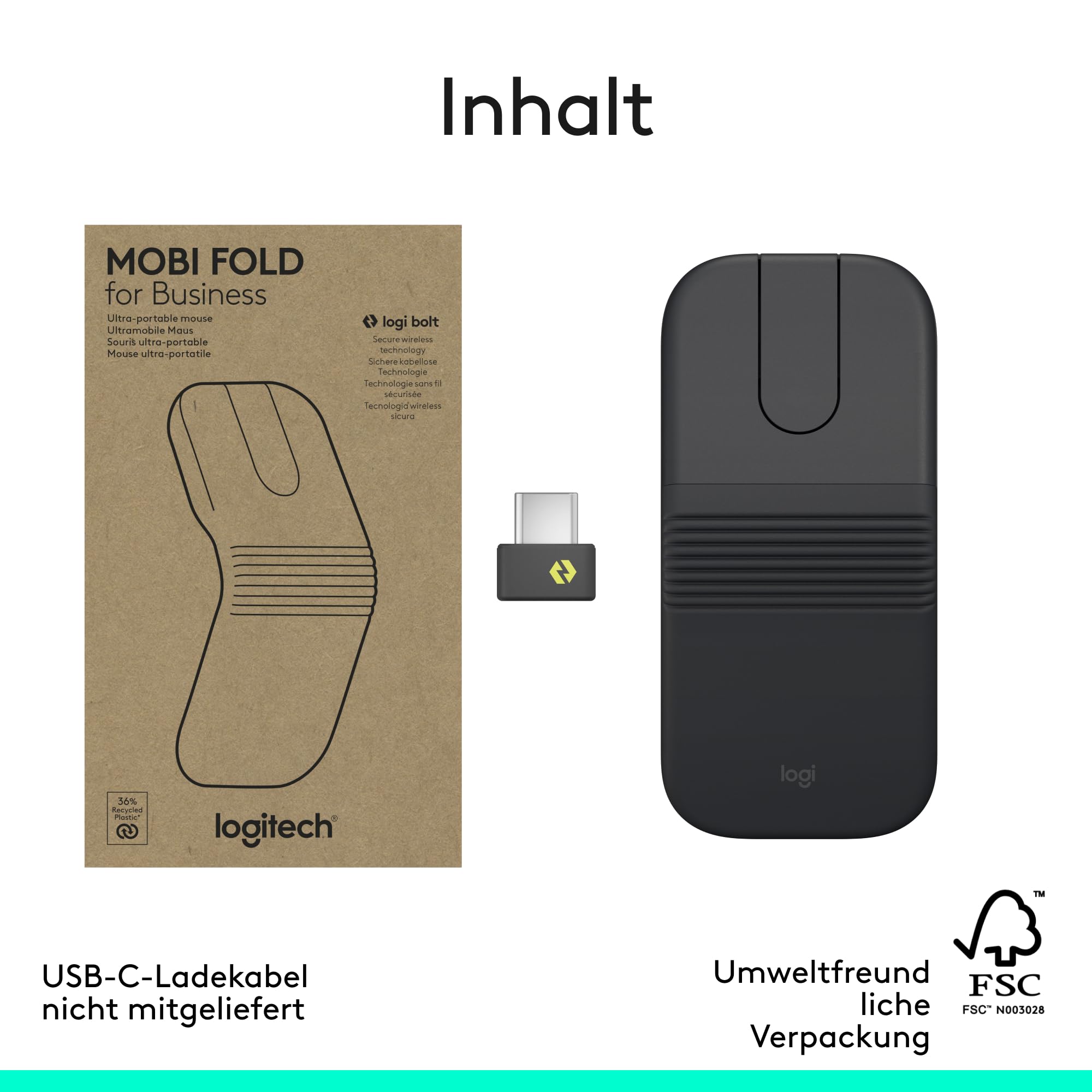 Logitech Mobi Fold for Business, Faltbare kabellose Maus mit Touch-Scroll, leisen Klicks, 4K DPI, Logi Bolt Empfänger, Bluetooth, Fast Pair, Works with Chromebook, PC, Mac - Graphit