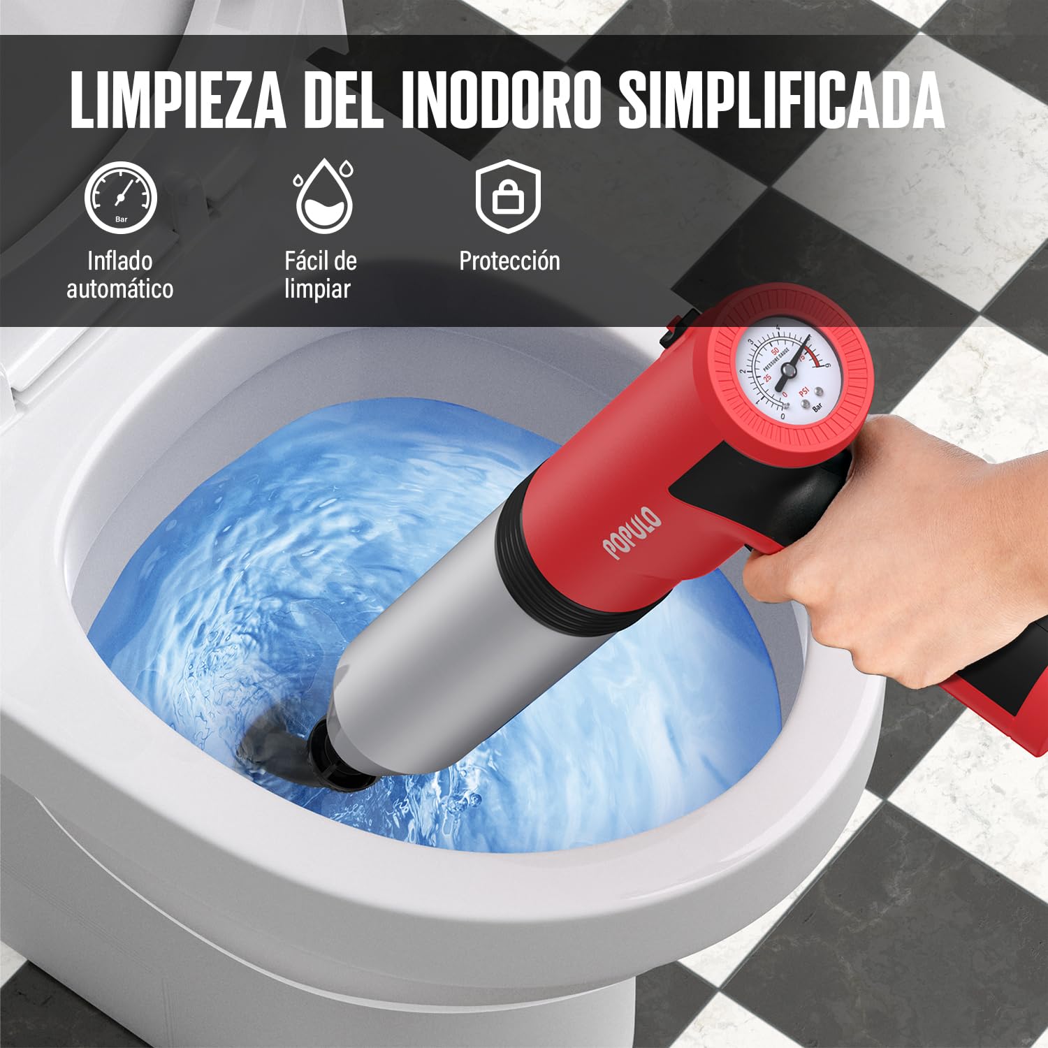 POPULO Desatascador eléctrico de inodoro Swift de alta presión para baño, suelos, ducha, resistente, versátil, removedor de obstrucciones de inodoro