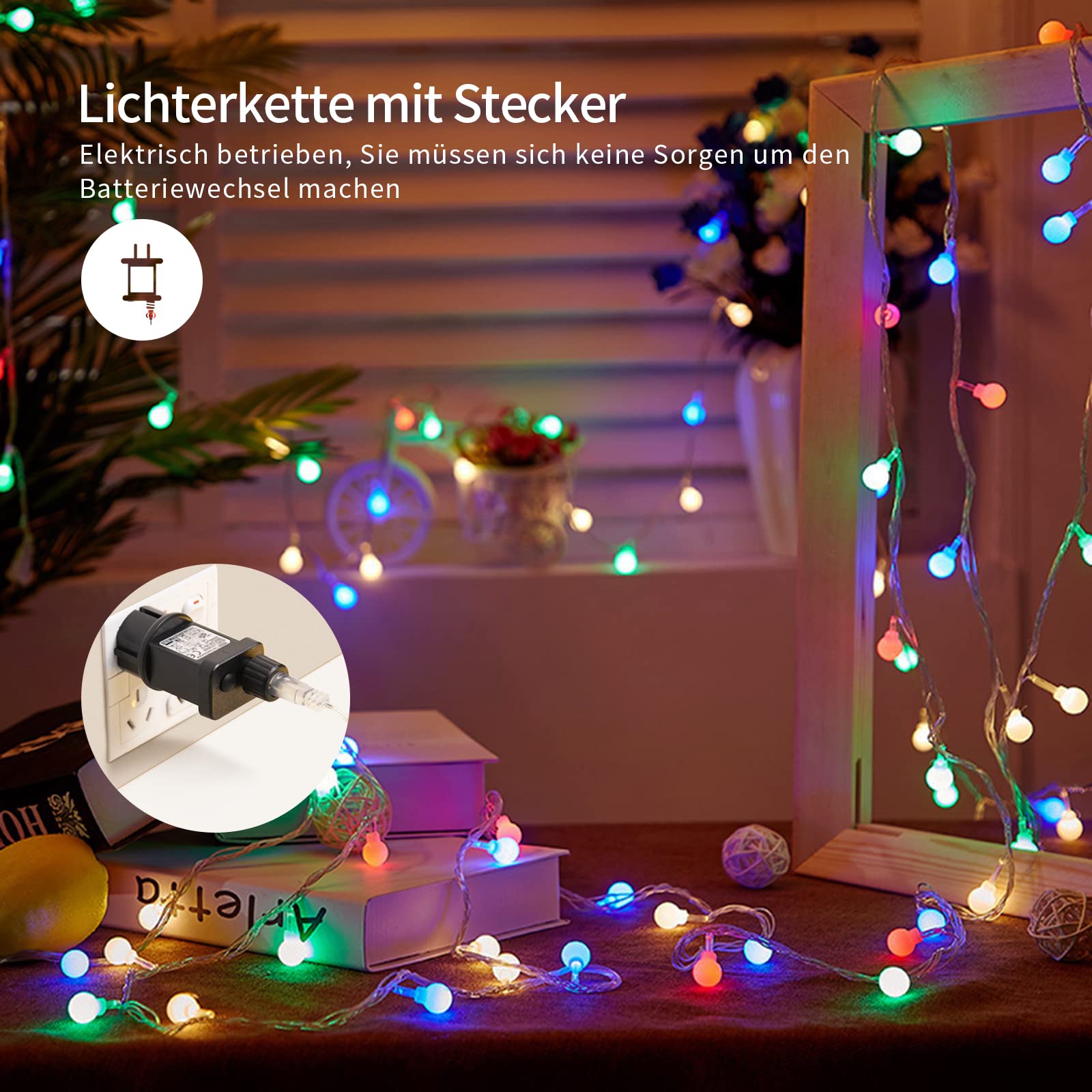 Łańcuch świetlny z kulką, 5 m, 50 diod LED, 8 trybów pracy, funkcja pamięci, łańcuch świetlny z wtyczką do użytku na zewnątrz/wewnątrz, idealny do sypialni, na balkon, imprezę, wesele, kolorowy