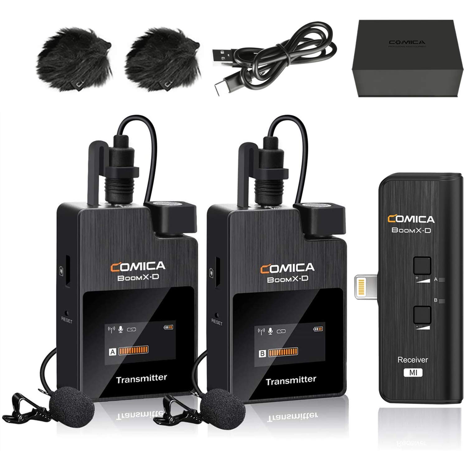 Comica Wireless Lavalier Microphone for iPhone iPad, BoomX-D MI2 2.4Ghz Wireless Clip-on Lapel Mic with Dual transmitters, Wireless Lavalier for iPhone Video Recording, Vlogging and Live-Streaming