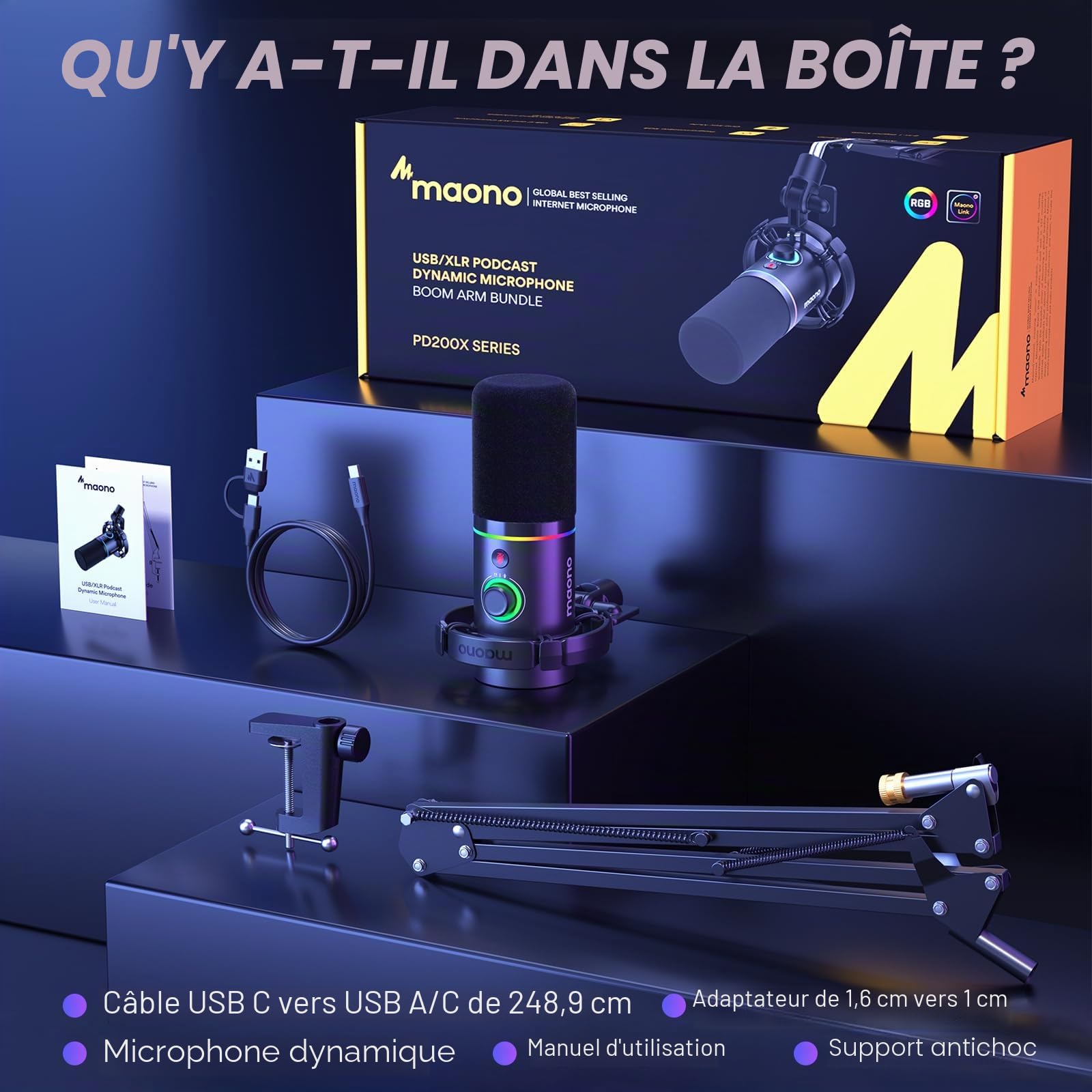 MAONO XLR-USB Dynamiques Micro Kit, PC Podcast Micro avec Bras, Logiciel, Mute, Bouton de Gain, Contrôle du Volume, Microphone pour Streaming, Gaming, PS4-PS5, Doublage, Enregistrement (PD200XS Noir)