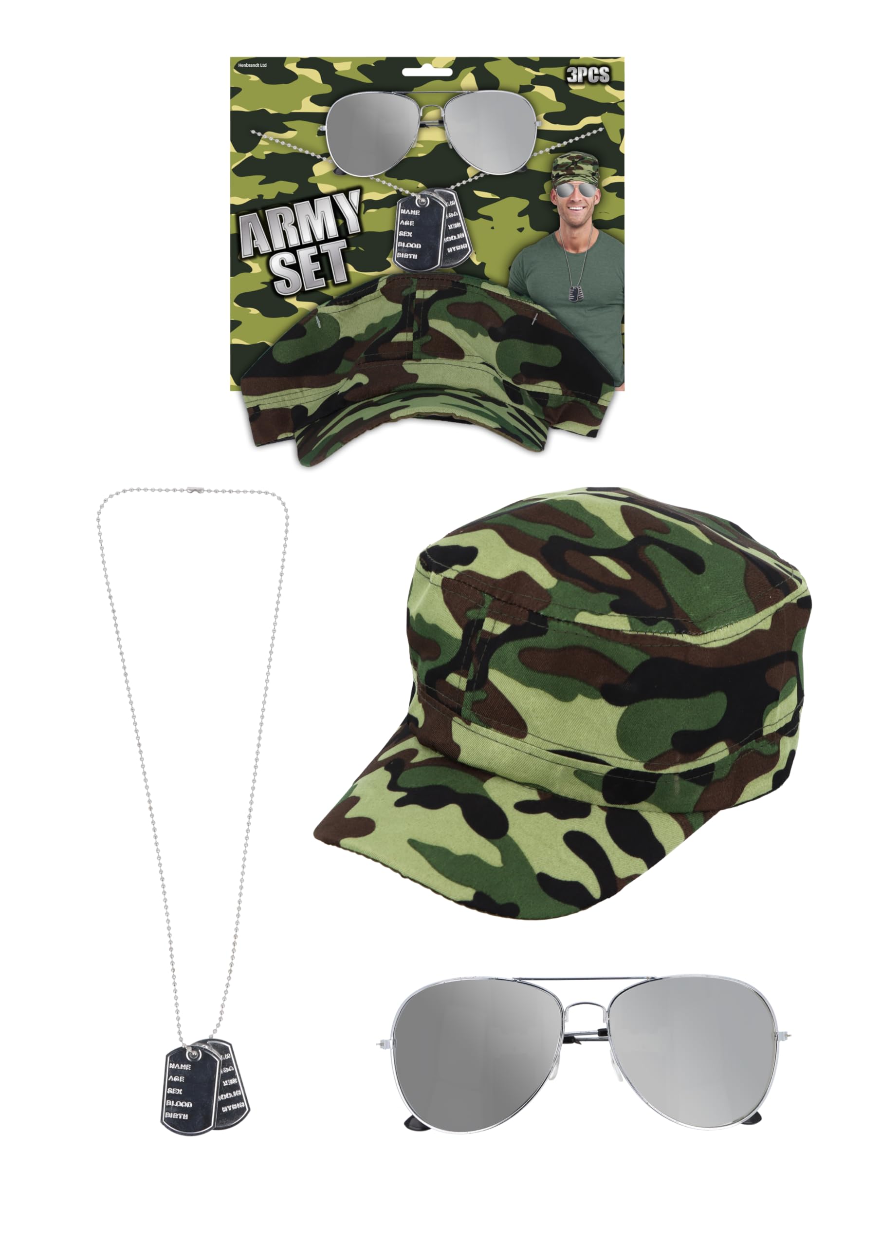 HENBRANDT 12 x 3-Piece Army Fancy Dress Sets - Camouflage Cap, Aviator Sunglasses, Dog Tag Necklace - Adult Costume Accessories for Men and Women