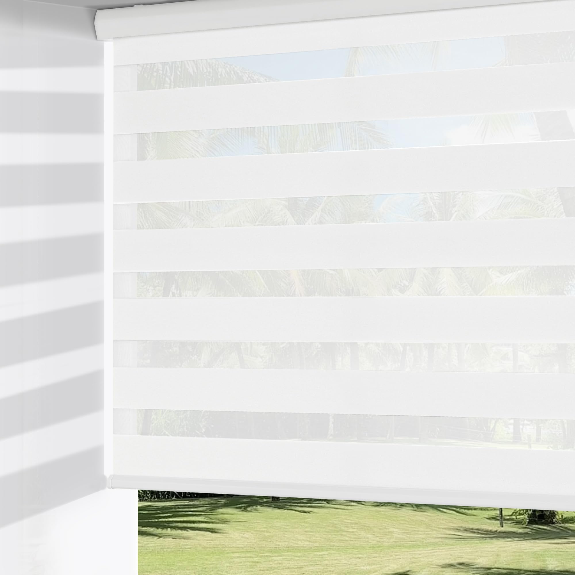 ChrisDowa Cordless Zebra Blinds for Windows, Dual Layer Free-Stop Light Filtering Window Roller Shades, Pull Down Privacy Zebra Shades for Home, Office, Bedroom, Door (53" W x 72" H, White)
