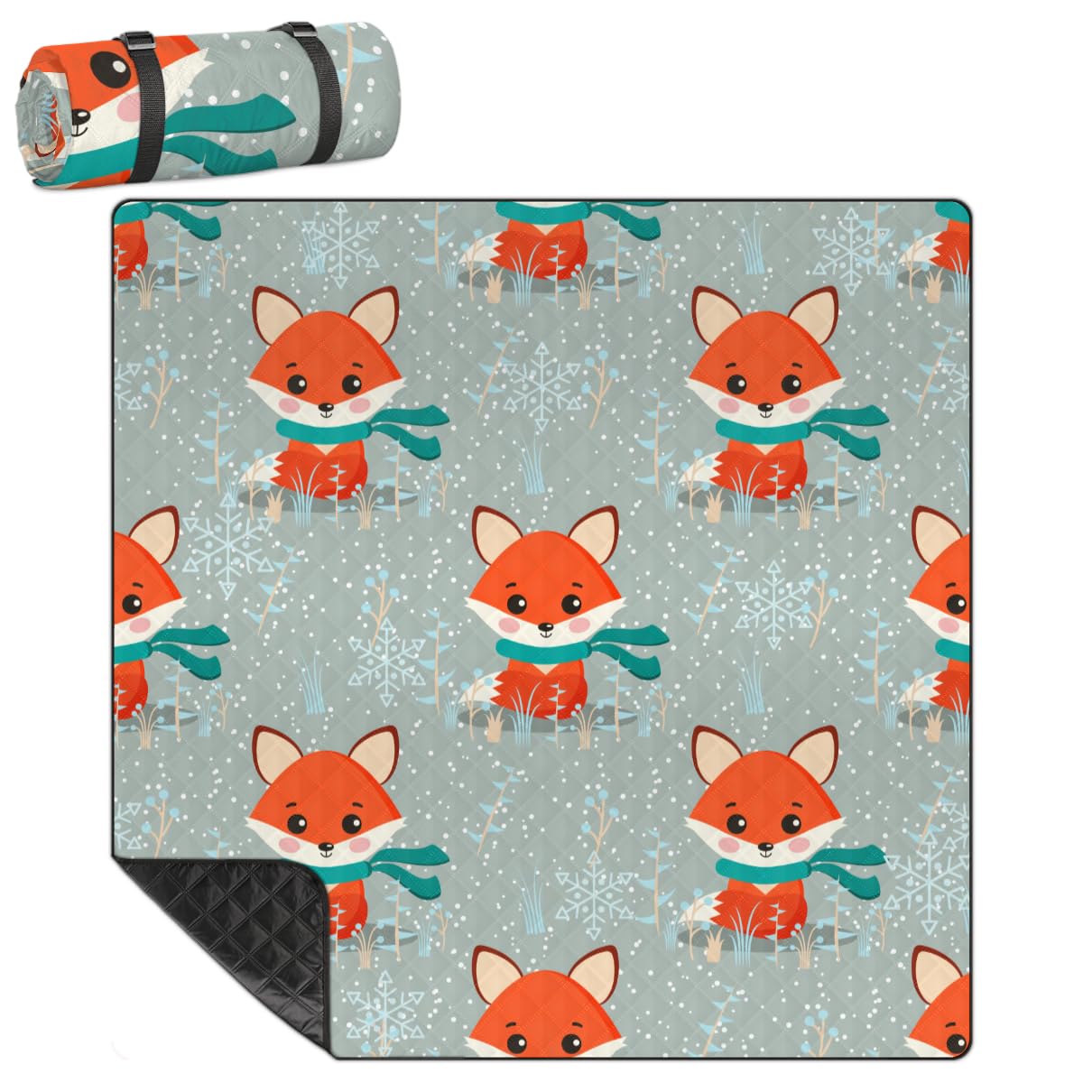 Shimoshe Extra Large Picnic Blankets 79”x 79”, Winter Snow Fox Waterproof Foldable Picnic Mat with Straps Portable Beach Blanket for Camping Park Grass Beach Indoor
