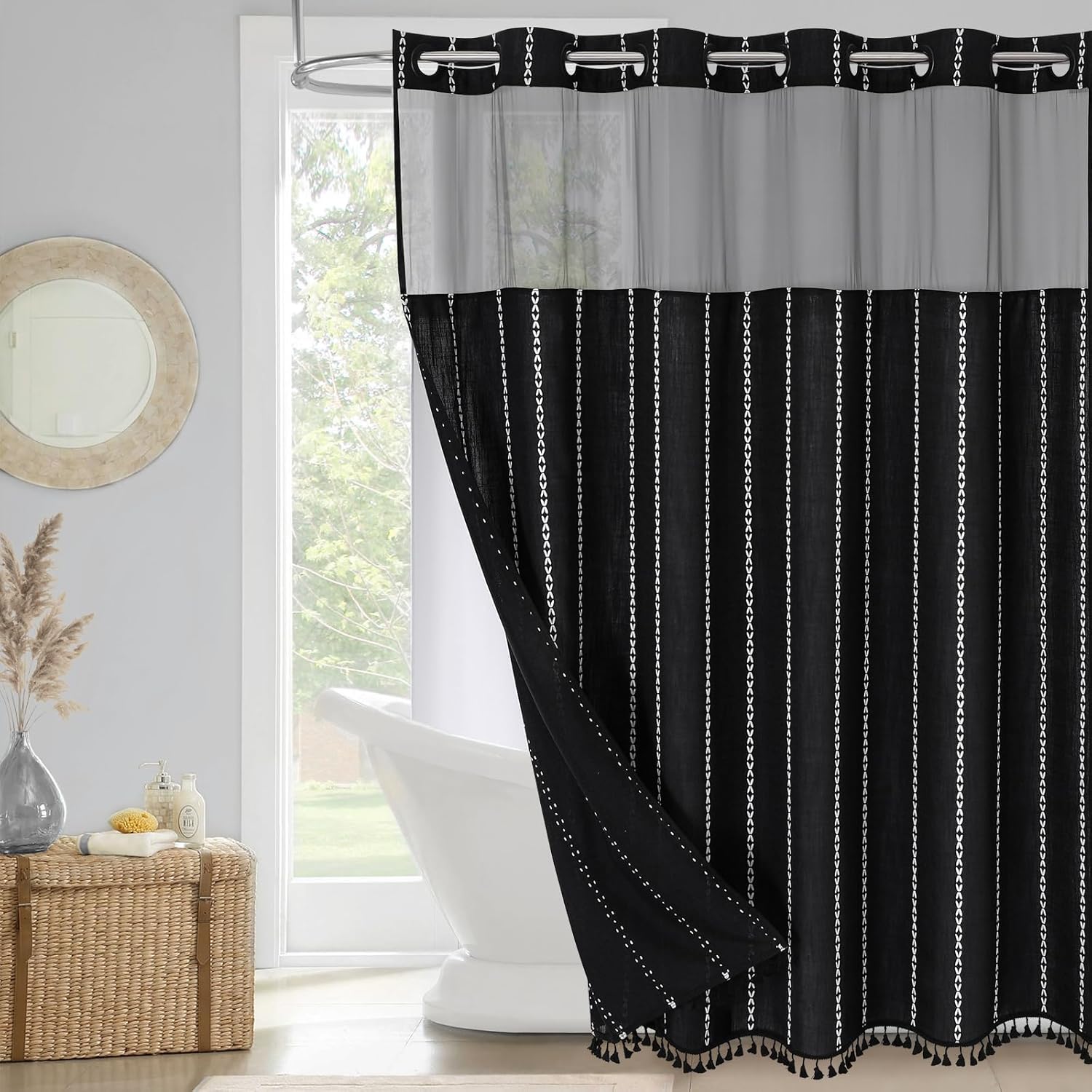 No Hooks Needed Farmhouse Shower Curtain with Snap-in Liner - with Window & Magnets, Boho Cotton Linen Fabric Shower Curtains with Tassels for Rustic Bathroom Decor, Black and White, 72 x 74