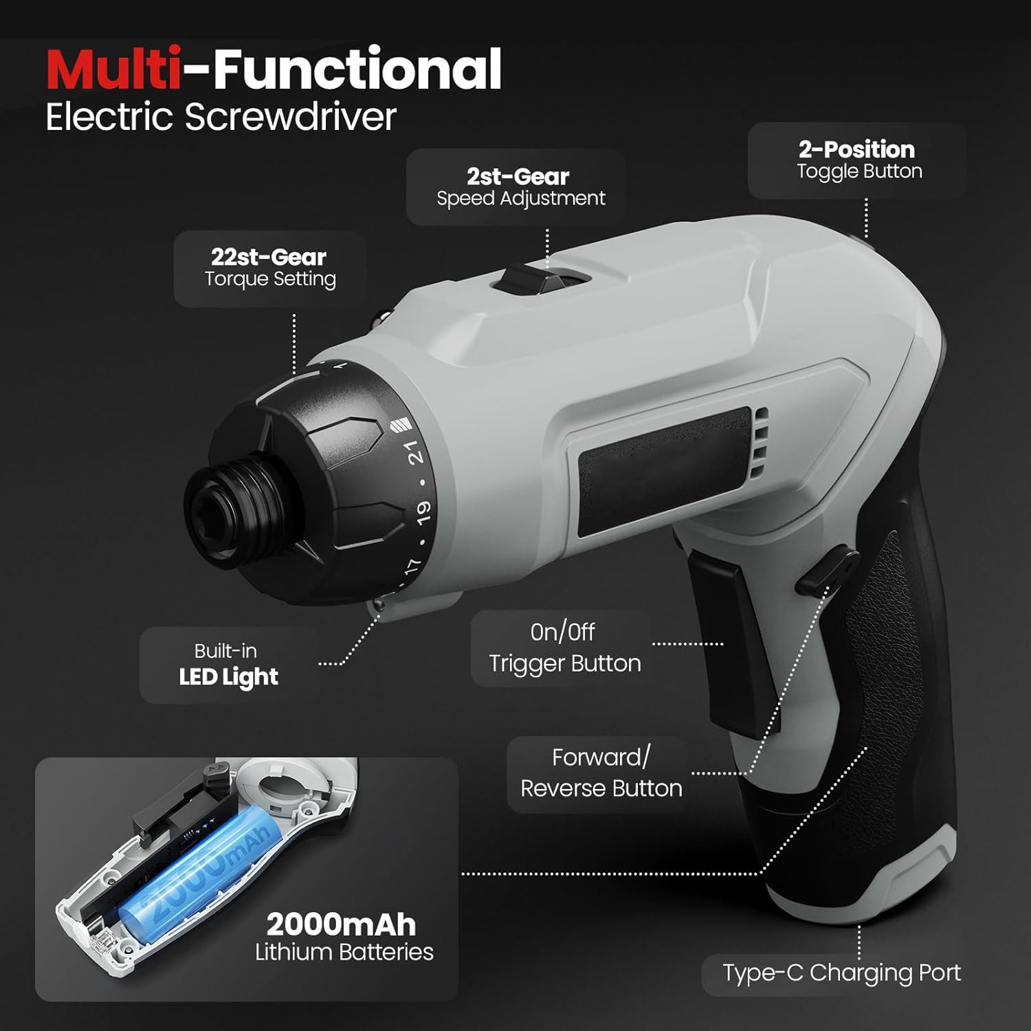 Electric Screwdriver Cordless Kit,Rechargeable Electric Drill,3.7V 2000mAh Pivoting Handle Power Screwdriver (Grey) for Home Improvement DIY Project,47 Pcs
