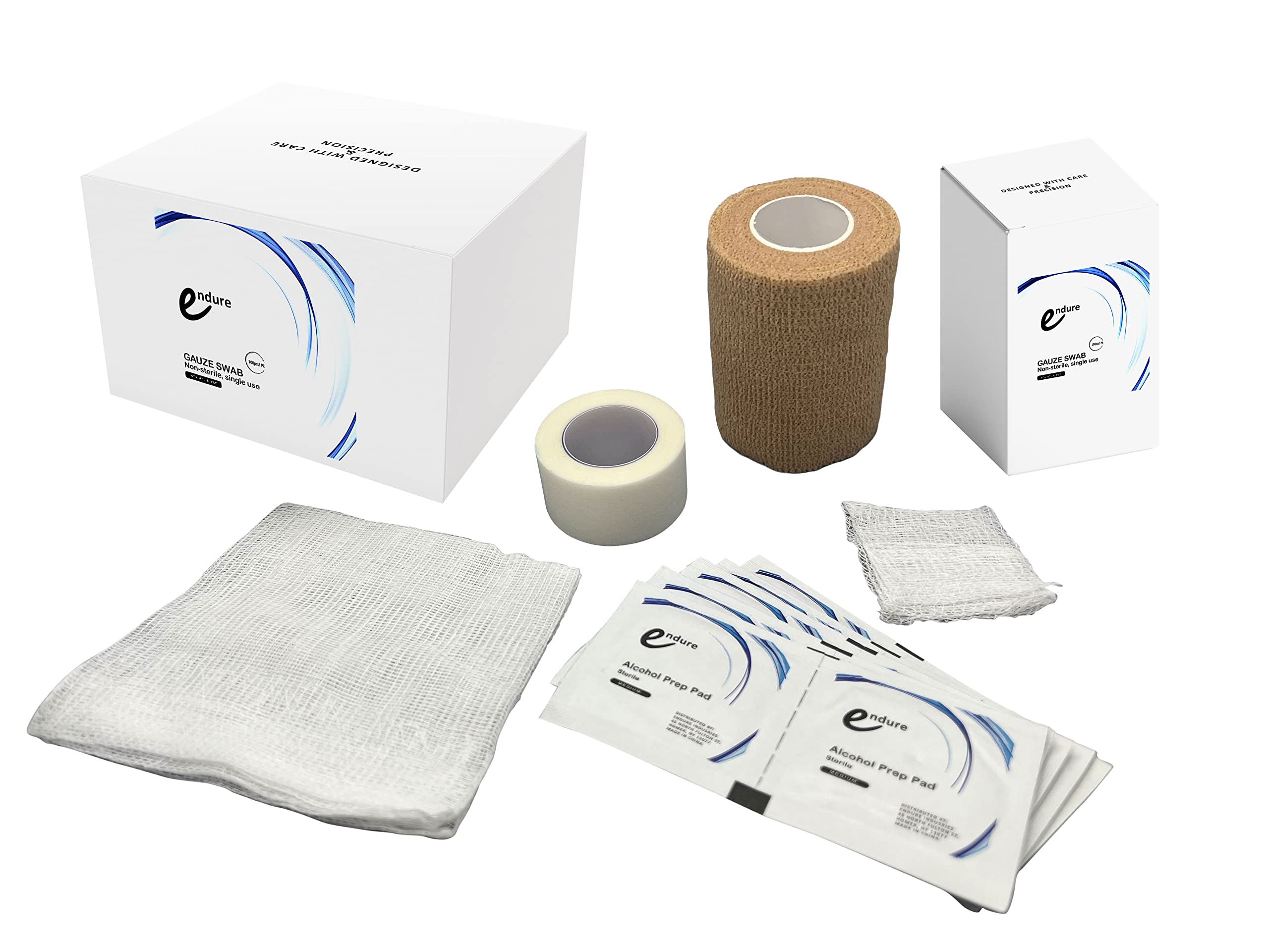 Endure Wound Care Kit 2, First Aid Pack, Gauze Swab 2"x2" Pack of 100, Gauze Swab 4"x4" Pack of 100, 1 Roll of White Paper Tape, 10 Alcohol Prep Pads & 1 Cohesive Bandage (Tan Cohesive Wrap)