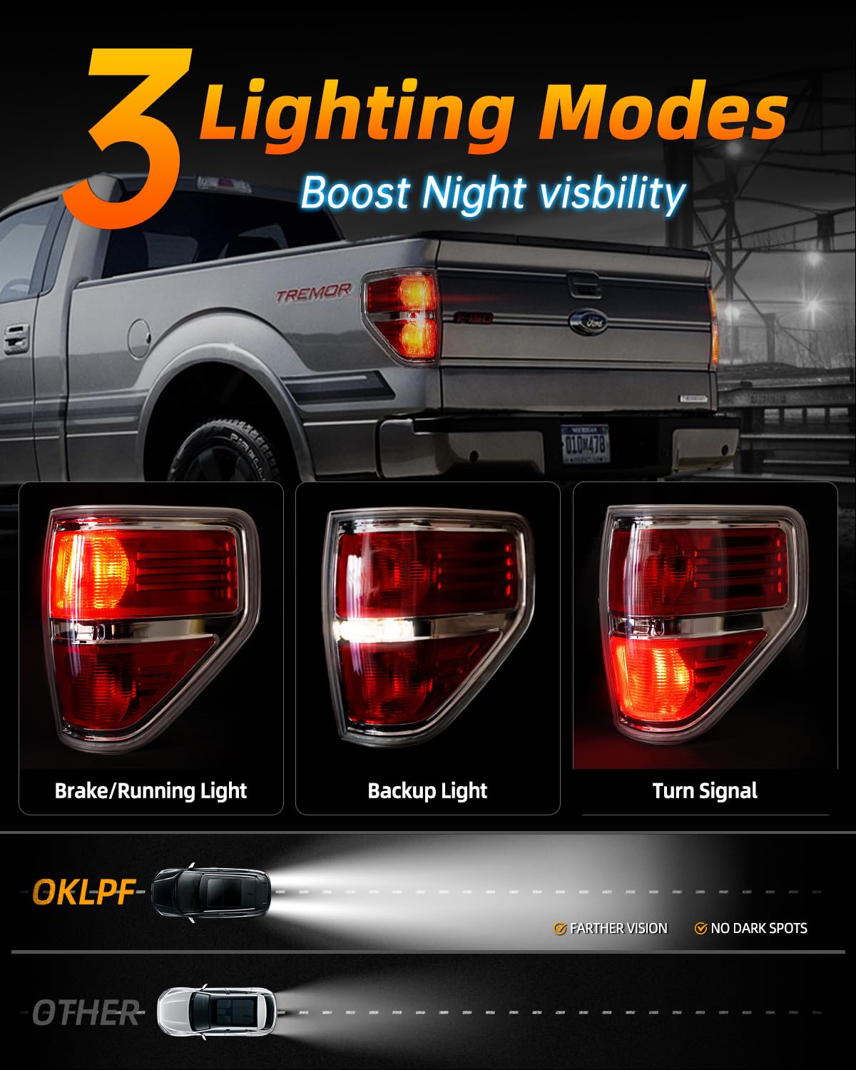 OKLPF Rear Brake Tail Lights Compatible With 2009 2010 2011 2012 2013 2014 Ford F150 F-150 Replace Silver — view 3