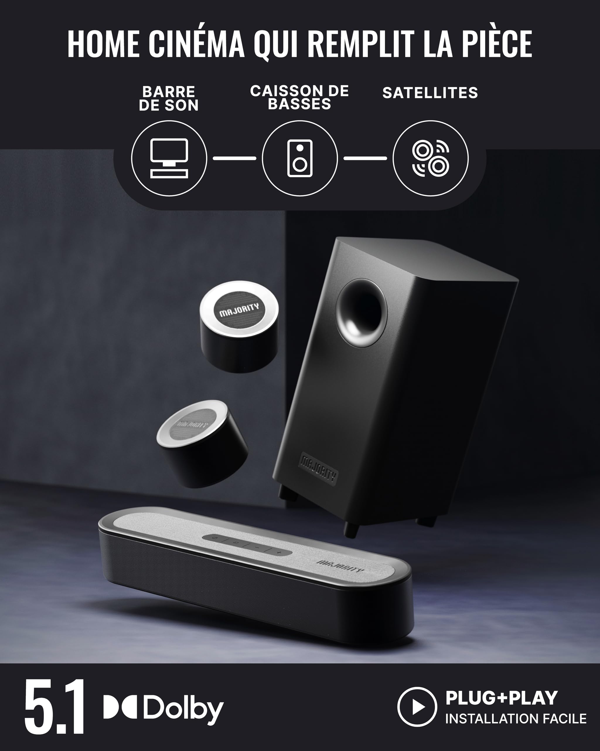 Majority Bowfell Halo Barre de Son TV | 230W Dolby Audio Home Cinema Enceinte TV | 5.1 Enceintes pour Téléviseur avec HDMI eARC | Soundbar Caisson de Basse Filaire | Mini Barre de Son PC Bluetooth