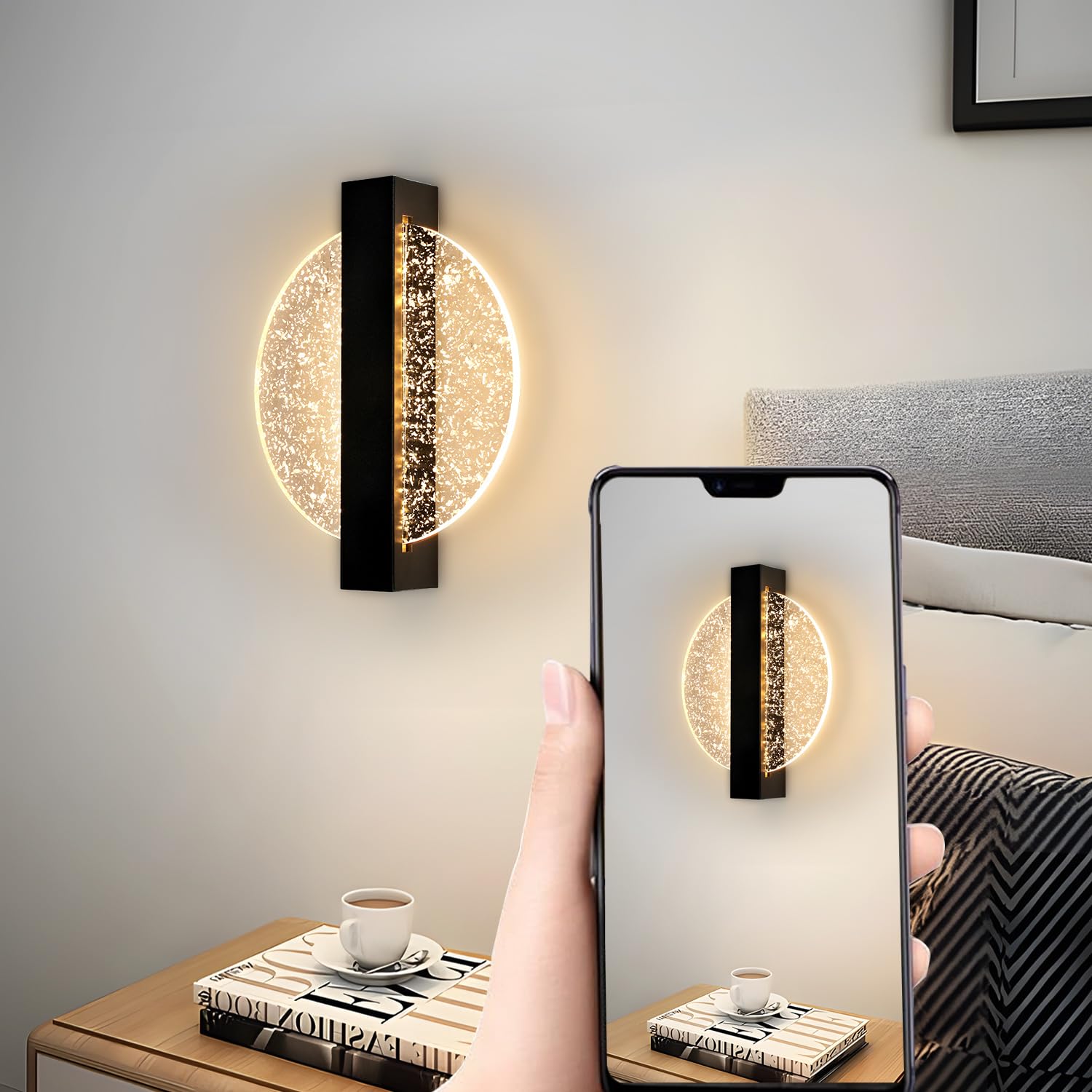 Comely Applique da Parete Interno LED, Nero 12W 1500LM Design Creativo Rotondato Lampada da Parete Moderno, Lampada Muro LED Interno per Camera da Letto Soggiorno Corridoio Scale,Bianco Caldo 3000K