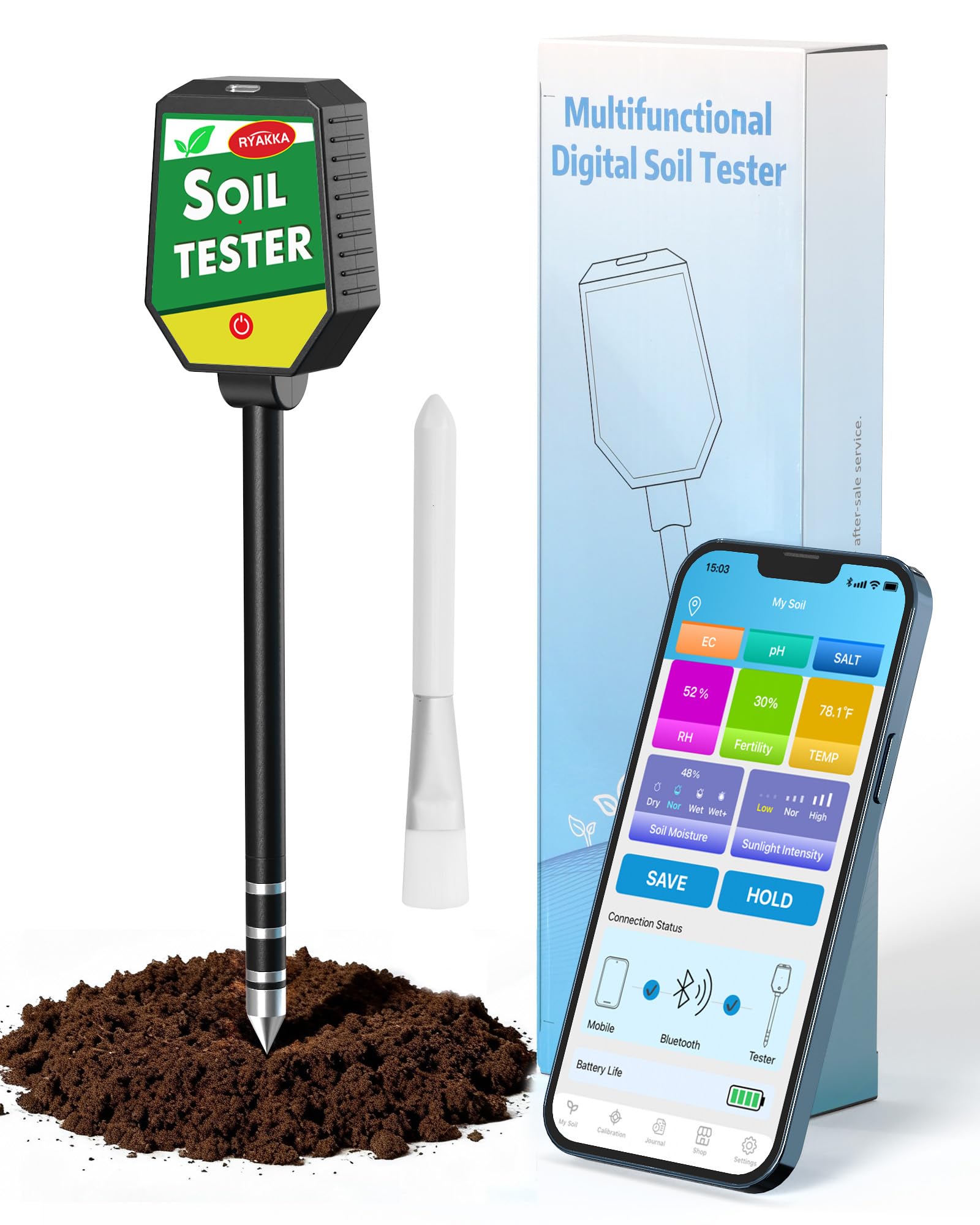 8-in-1 Bodenmessgerät mit APP-Überwachung, Messgerät Erde mit pH/EC/Temperatur/Feuchtigkeit/Fruchtbarkeit/Salzgehalt/Sonnenlicht/Umgebungsfeuchtigkeit für Garten