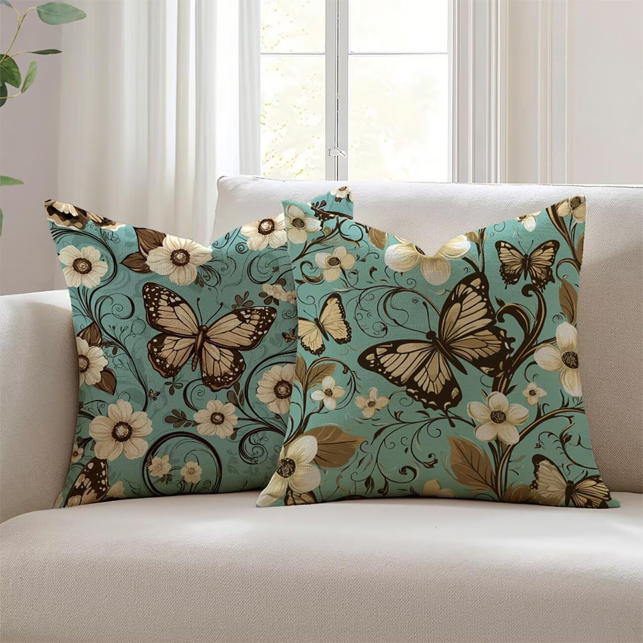 Housse de coussin 55x55cm lin motif papillon avec fermeture invisible