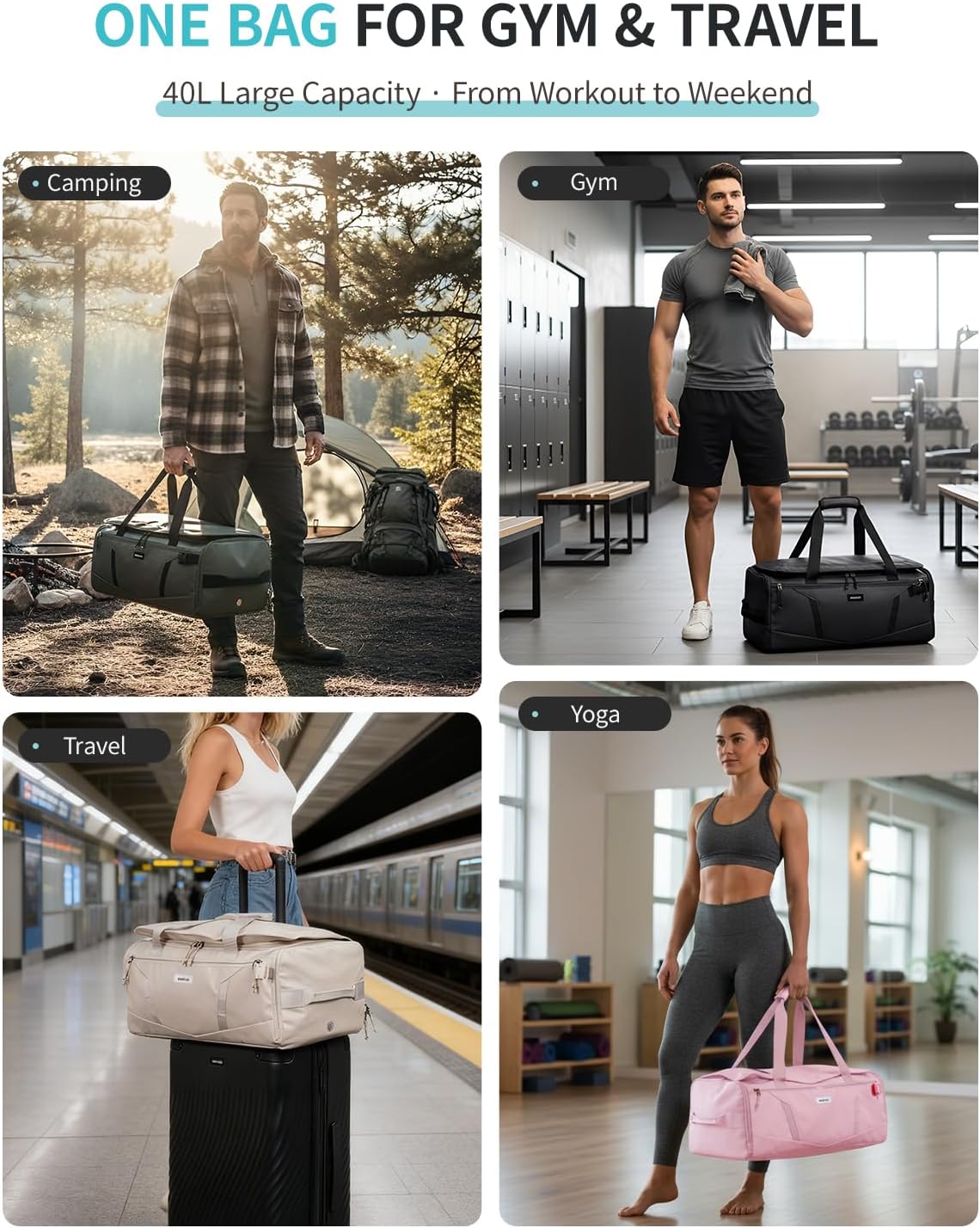 ECOHUB 40L Gym Bag for Women Men Water Resistant Sports Duffle Bag with Shoe Compartment & Wet Pocket, Travel Weekender Camping Backpack - Image 2