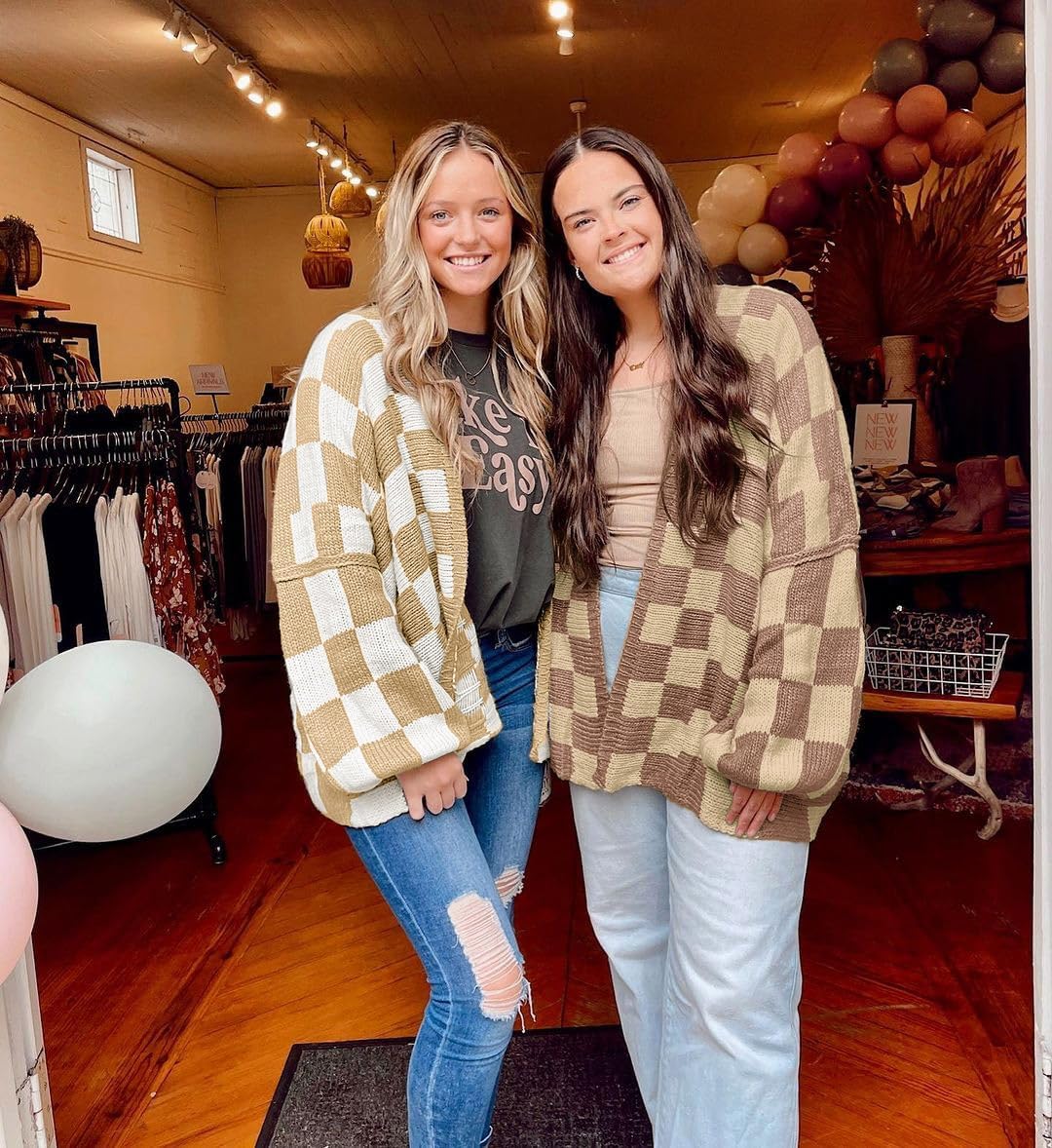 Saodimallsu Womens Checkered Oversized Cardigan Sweaters Color Block Chunky Open Front Lantern Sleeve Plaid Knit Coats - Image 6