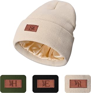 Womens Satin Lined Beanie Winter Hats for Women with Initial Letters