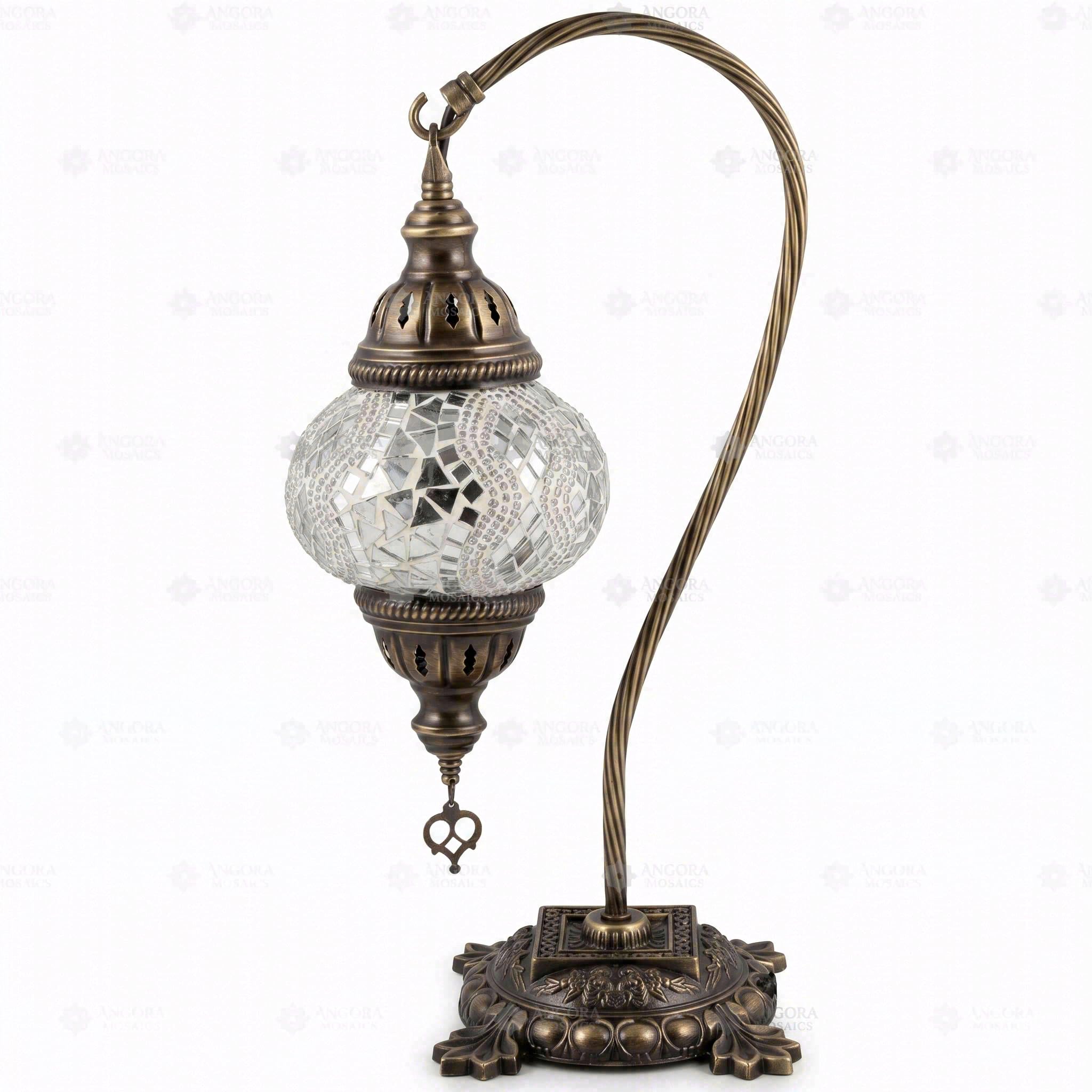 ENVA Biała lampa stołowa z mozaiką - turecka lampa mozaikowa - ręcznie wykonana lampa z przezroczystego szkła łabędzia szyja - marokańska lampka nocna na biurko
