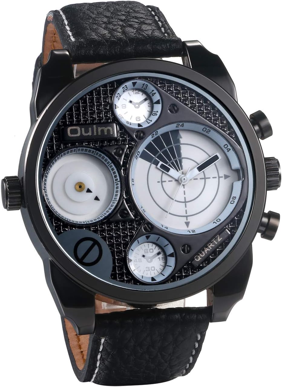 Men's Watches Quartz Analogue Two Time Zone Wrist Watch Men Leather Band Sports Watch Watch with Large Radar Type Dial