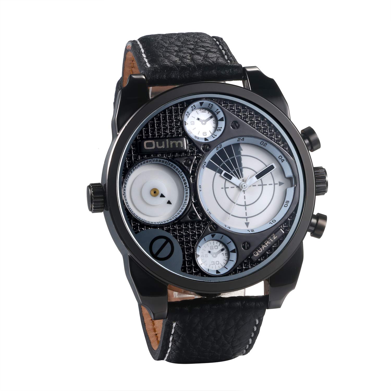 Men's Watches Quartz Analogue Two Time Zone Wrist Watch Men Leather Band Sports Watch Watch with Large Radar Type Dial
