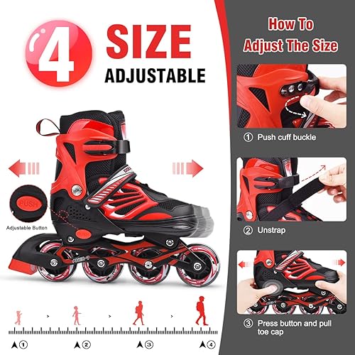 Miniatura 2 de Patines en línea ajustables negroazulrojo para niños niñas mujeres hombres talla de patines iluminados para adultos para exteriores interiores y