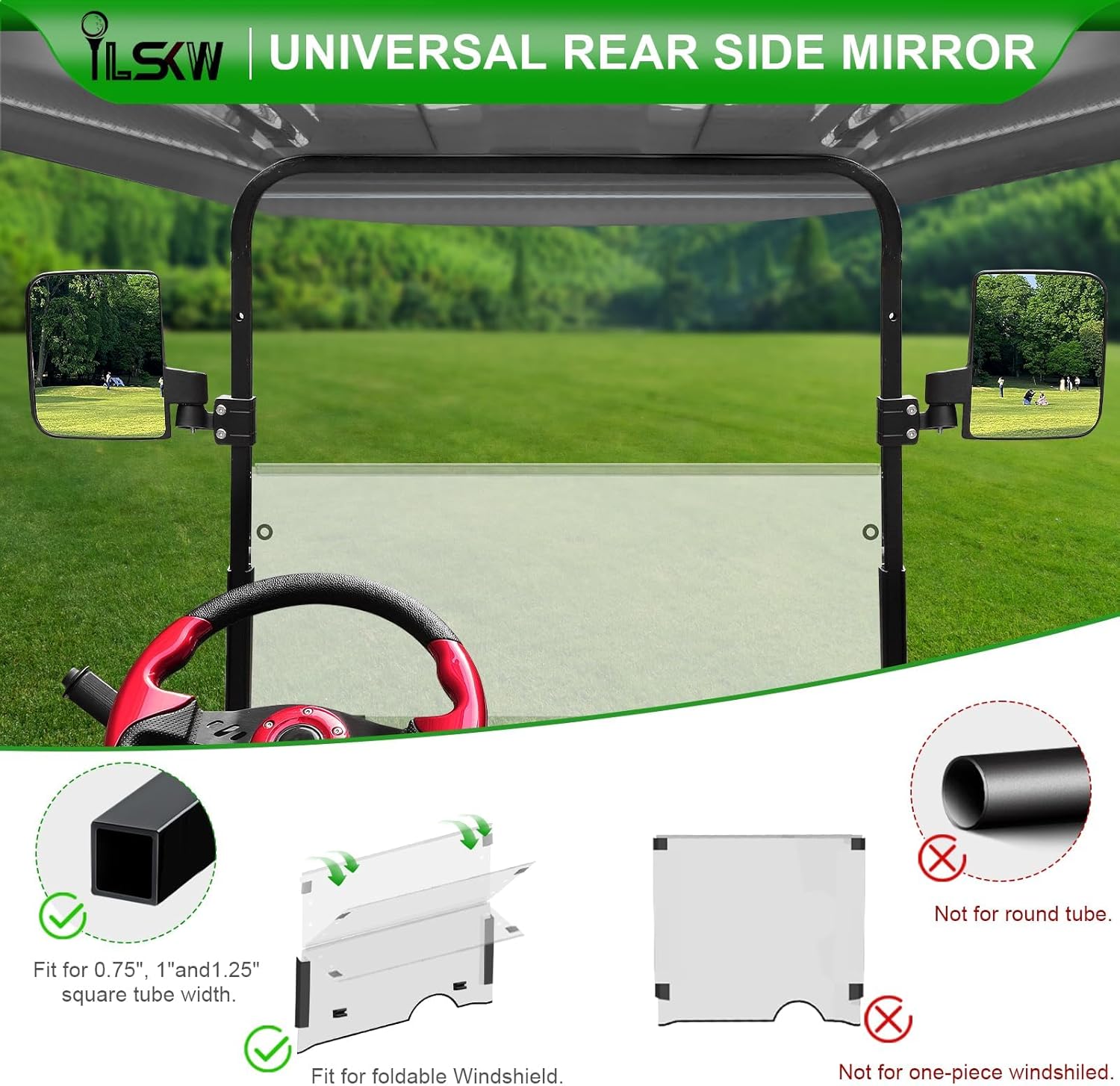 No Drilling Golf Cart Side Mirrors, Foldable Rear View Mirrors for 0.75" / 1" / 1.25" Square Strut, Fits to Ezgo, Club car, Yamaha Golf Cart, 180 Degree Rotation, HD Glass, Mount Included