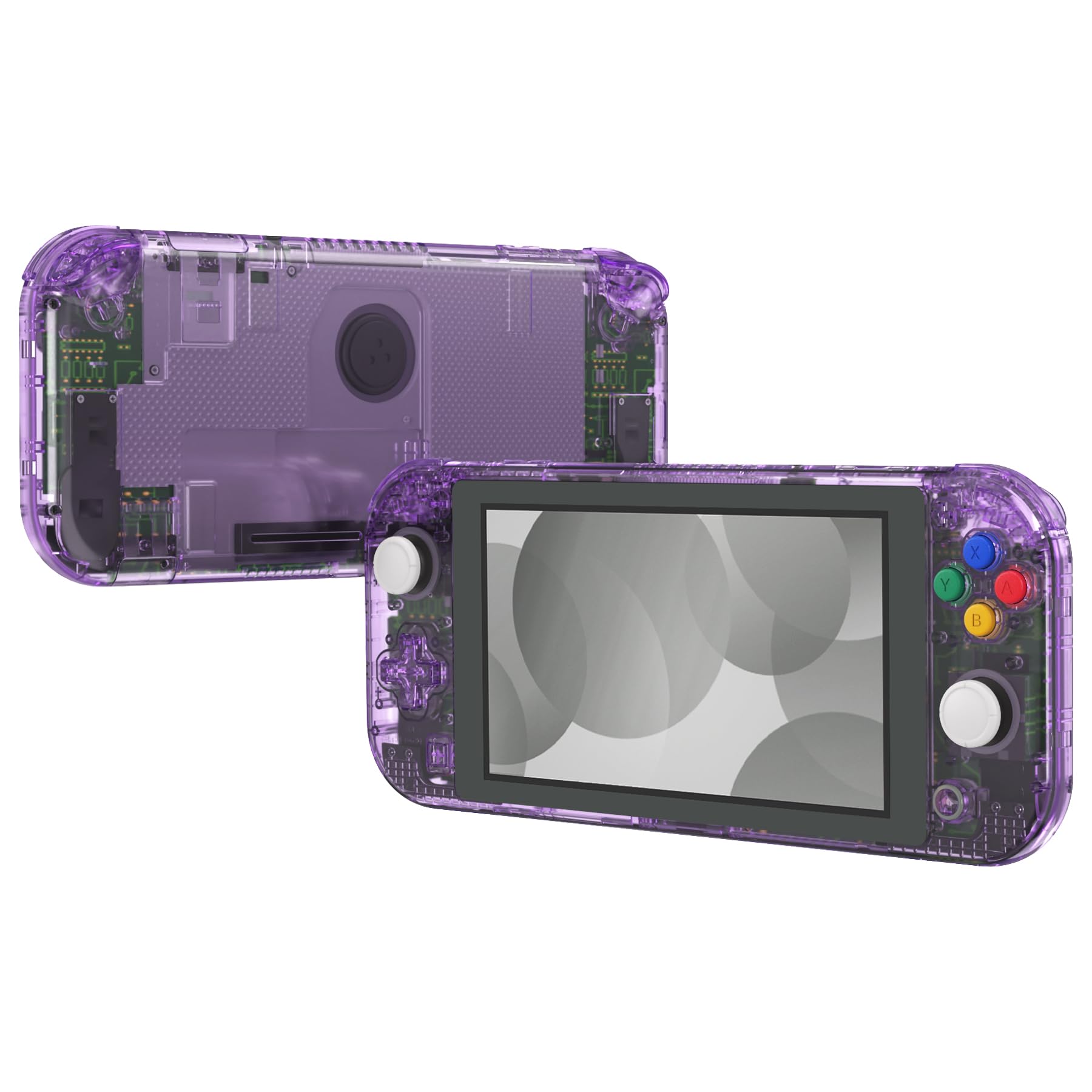 eXtremeRate Custodia Cover Scocca Pulsanti Tasti ABXY DIY Ricambio per Nintendo Switch Lite con Protezione Schermo Pellicola Vetro Temperato(Non Include Console)-Trasparente Viola Atomico