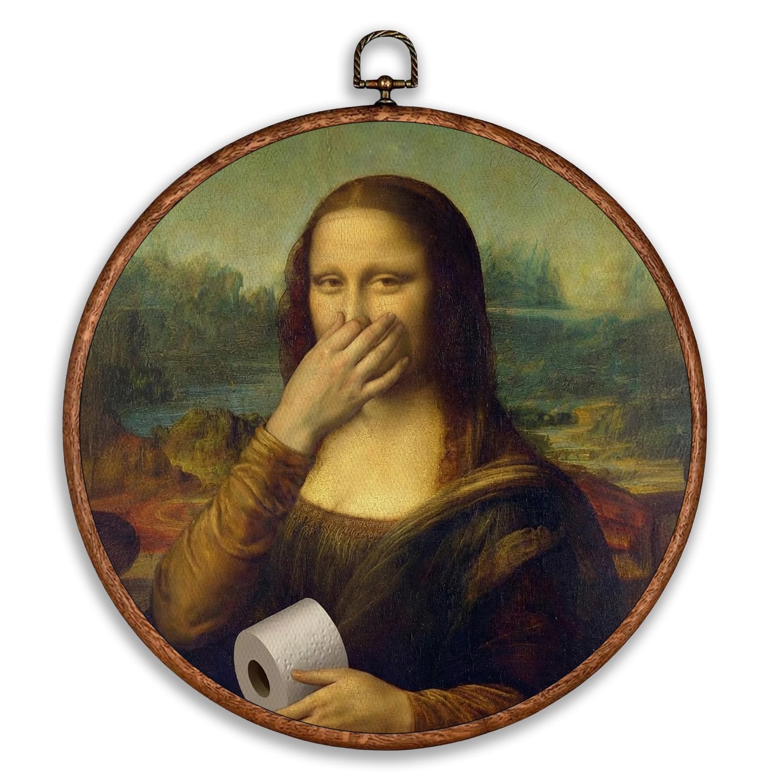 Ebroniah Funny Mona Lisa Bathroom Round Canvas Wall Art, Toilet Paper Whimsical Wall Decor Framed Hanging for Powder Living Room,Vintage Pictures Art Prints Artwork for Bedroom Bathroom Kitchen 10inch