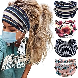Nurse Headbands with Buttons for Mask Wide Boho Head Bands Knotted Turban Headband Non Slip Elastic Hairbands Floral Printed Nursing Hairband Workout Head Wraps Cotton Yoga Hair Scarfs Bohemian Hair Accessories for Women and Girls 4Pcs
